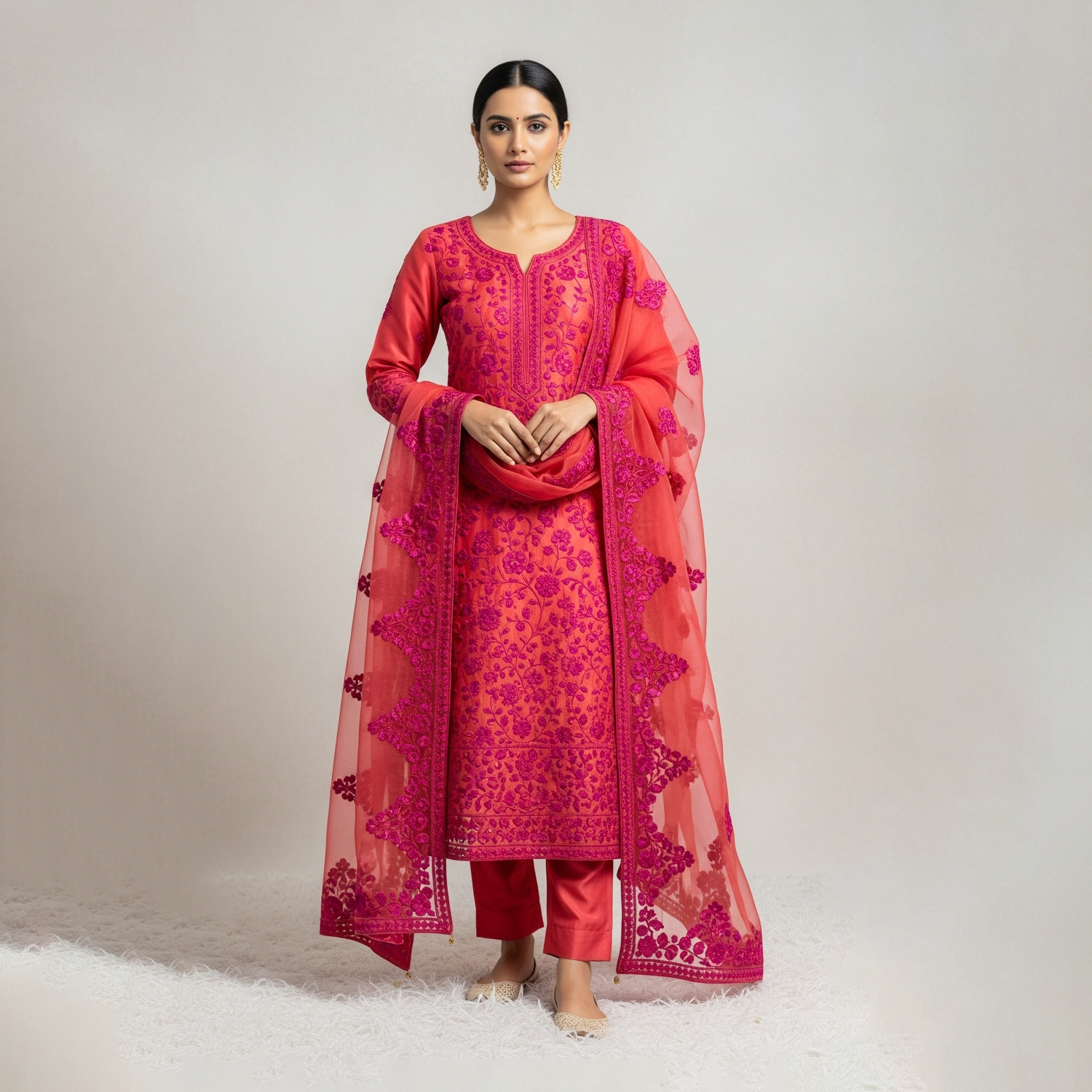 Gulnaar rang tick magenta unstitched suit