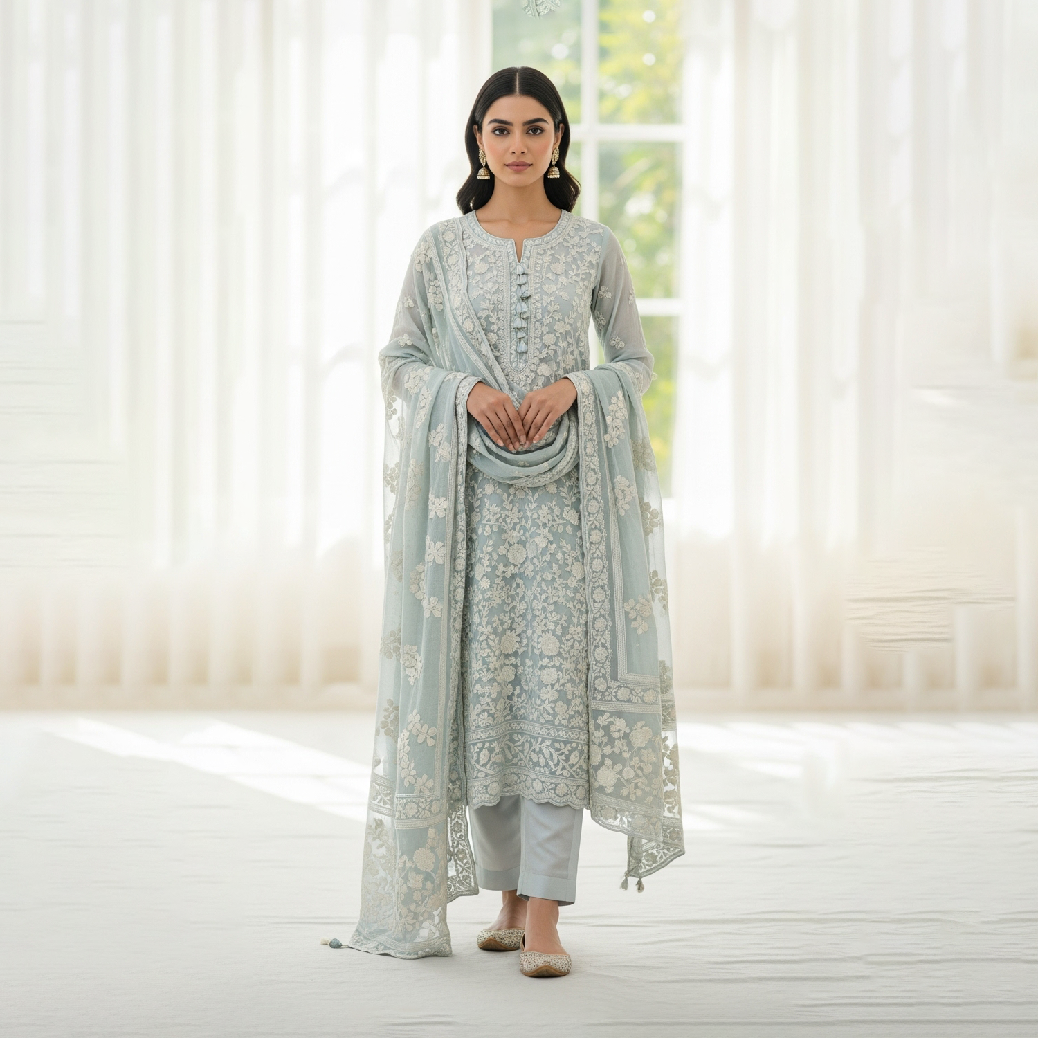 Gulnaar rang tick teal unstitched suit