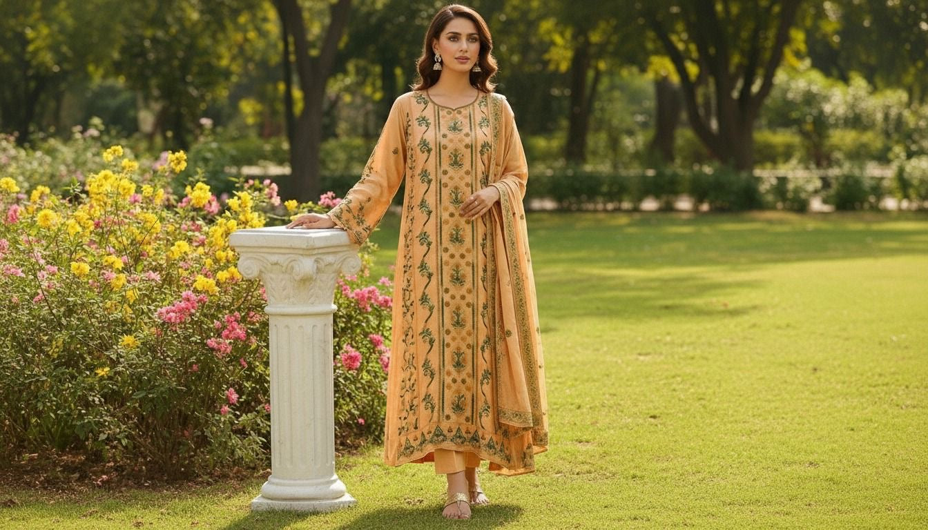 Floral motif muslin embroidered unstitched suit set