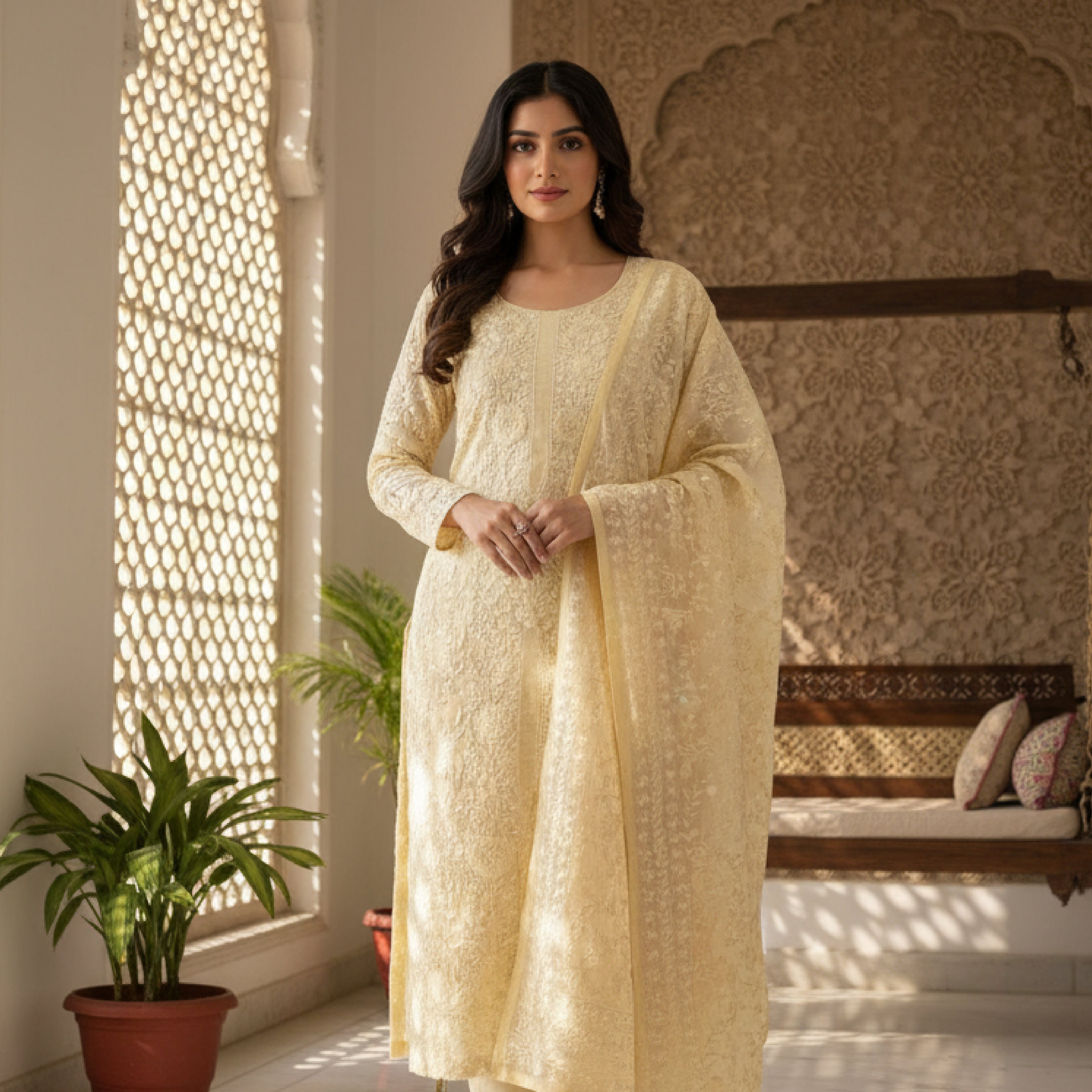 Chanderi Cotton Embroidered Unstitched Suit Set Yellow Ivory