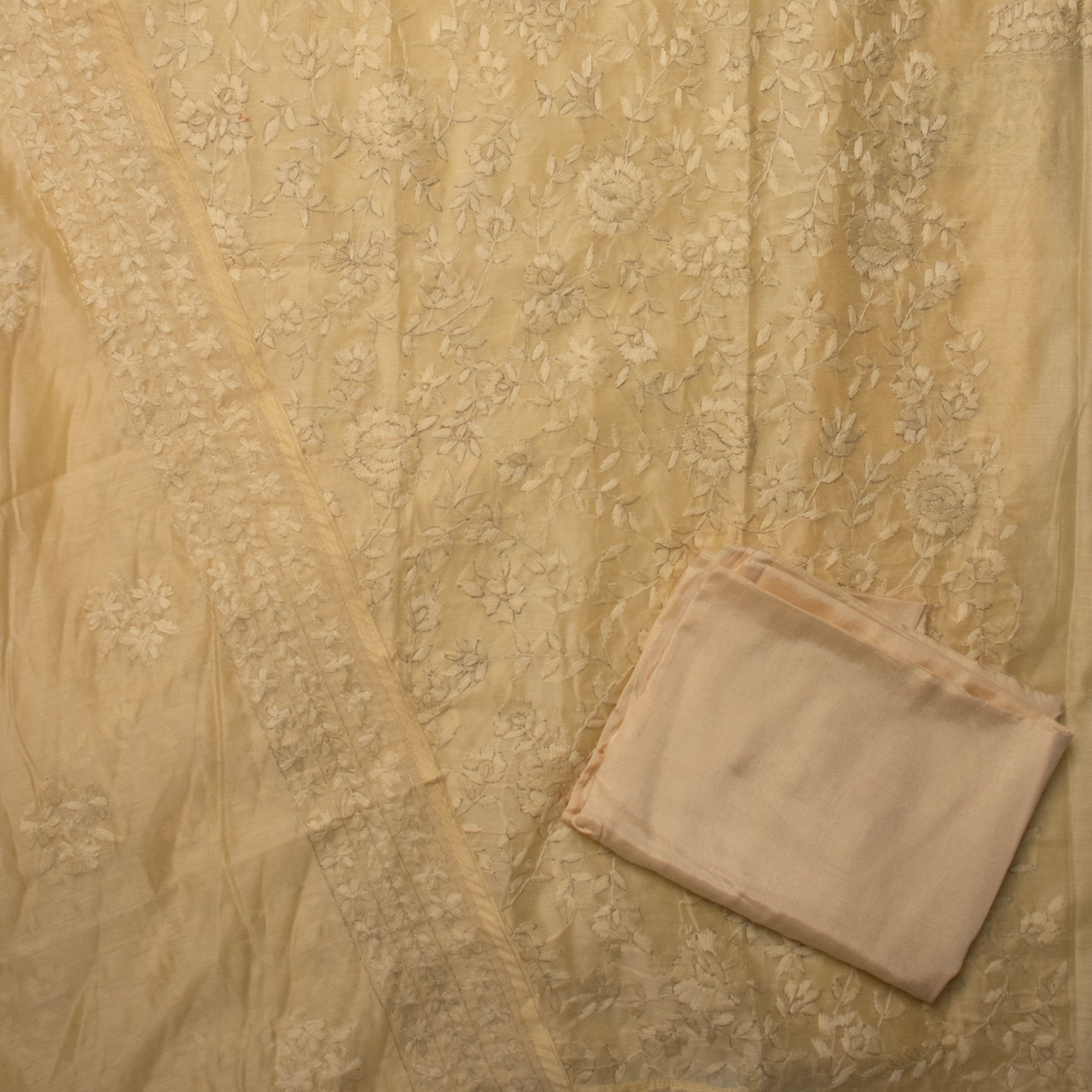 Chanderi Cotton Embroidered Unstitched Suit Set Yellow Ivory