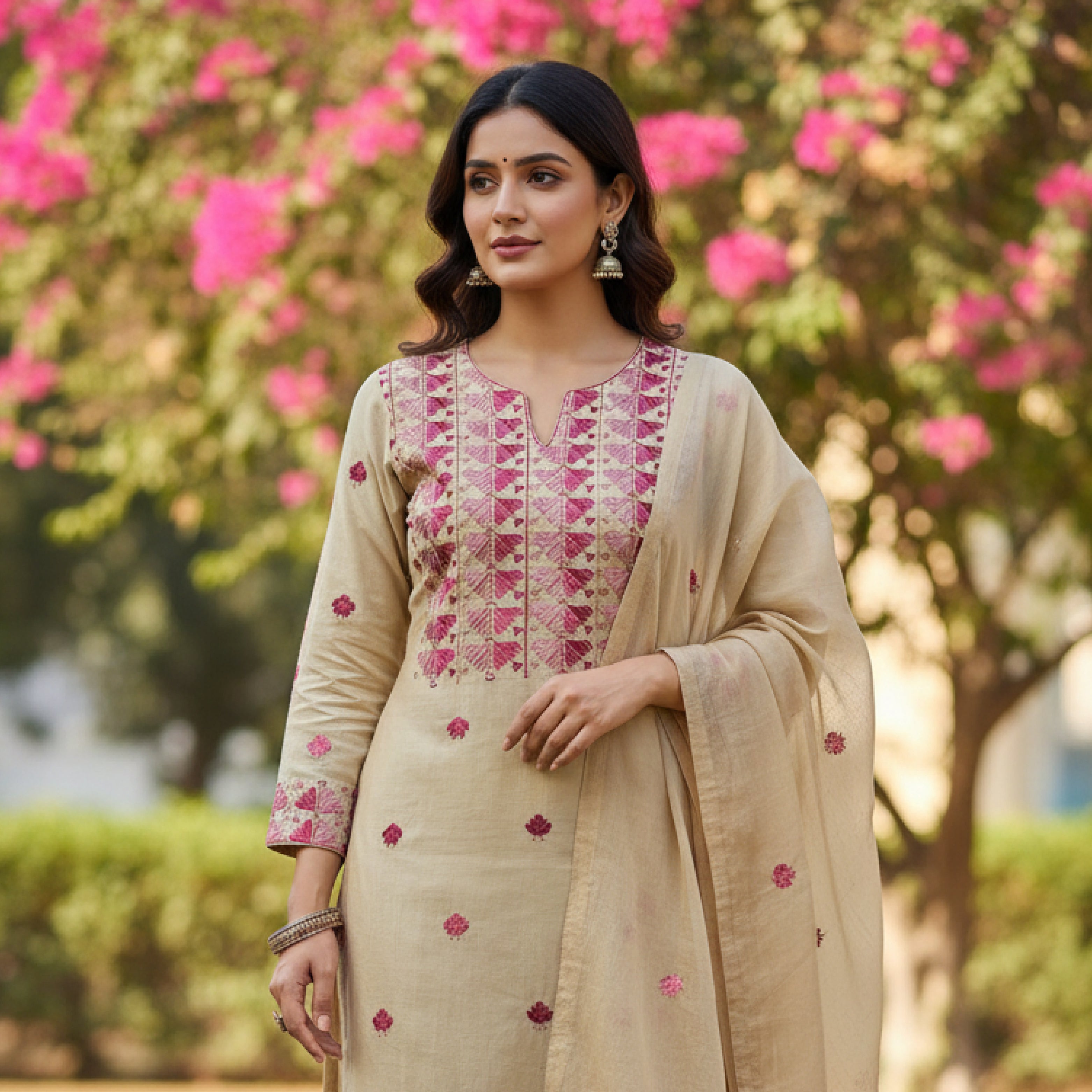 Sindhi Kadhai embroidered white and pink unstitched suit