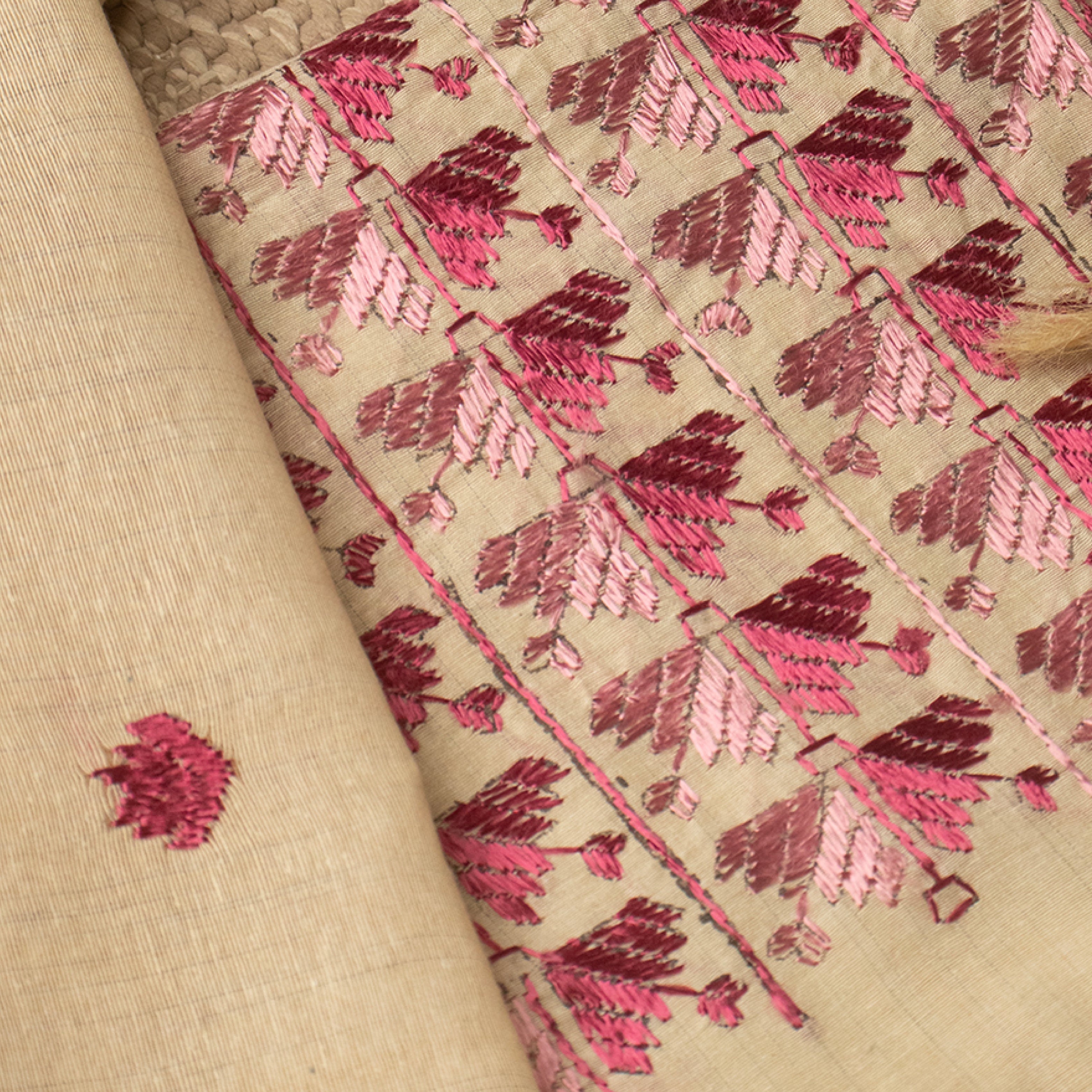 Sindhi Kadhai embroidered white and pink unstitched suit