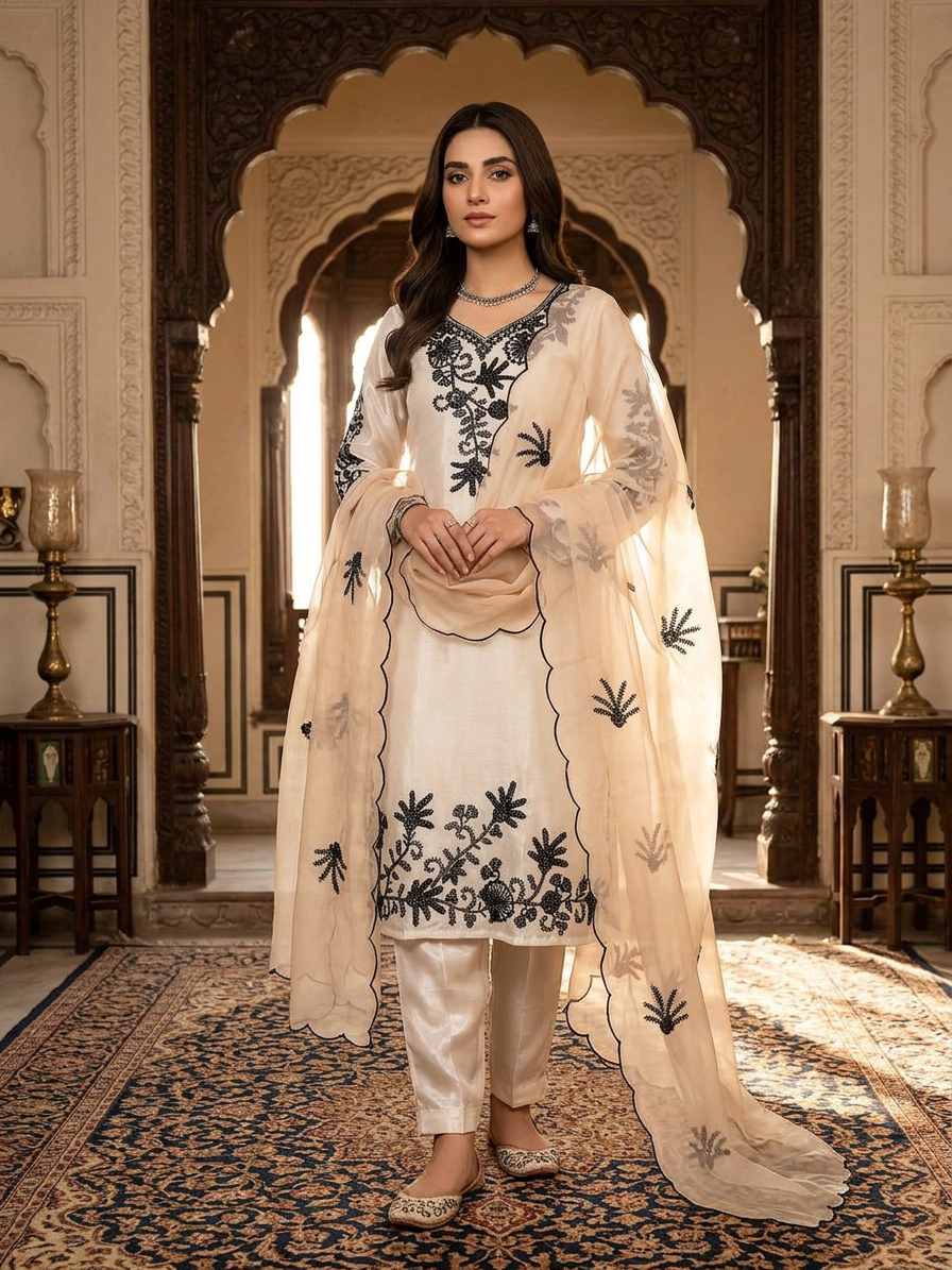 The Shehzadi Ivory & Black Embroidered Set