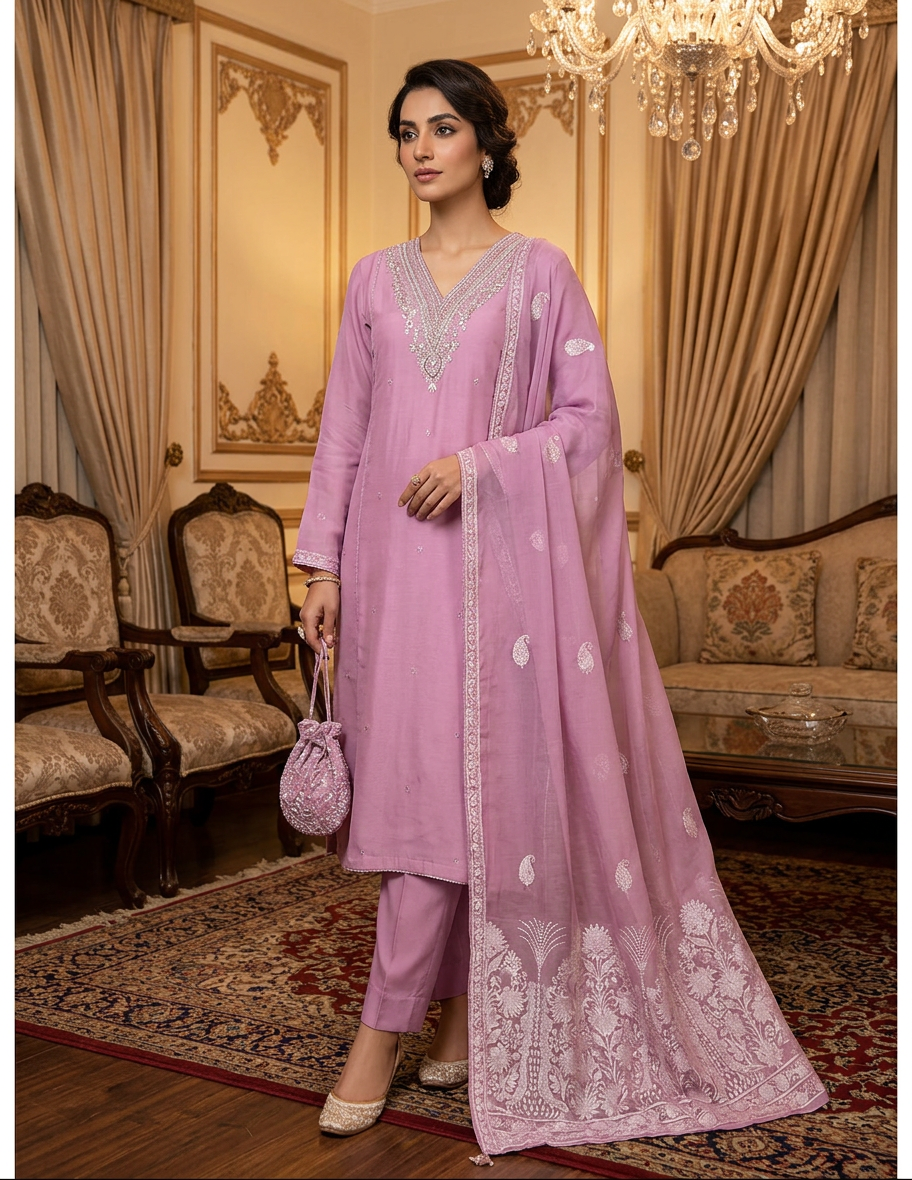 The Lavender Resham Organza Suit Set
