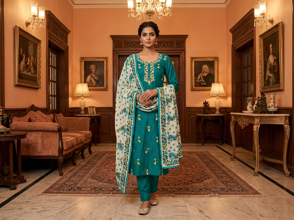 The Peacock Silk Floral Booti Suit Set