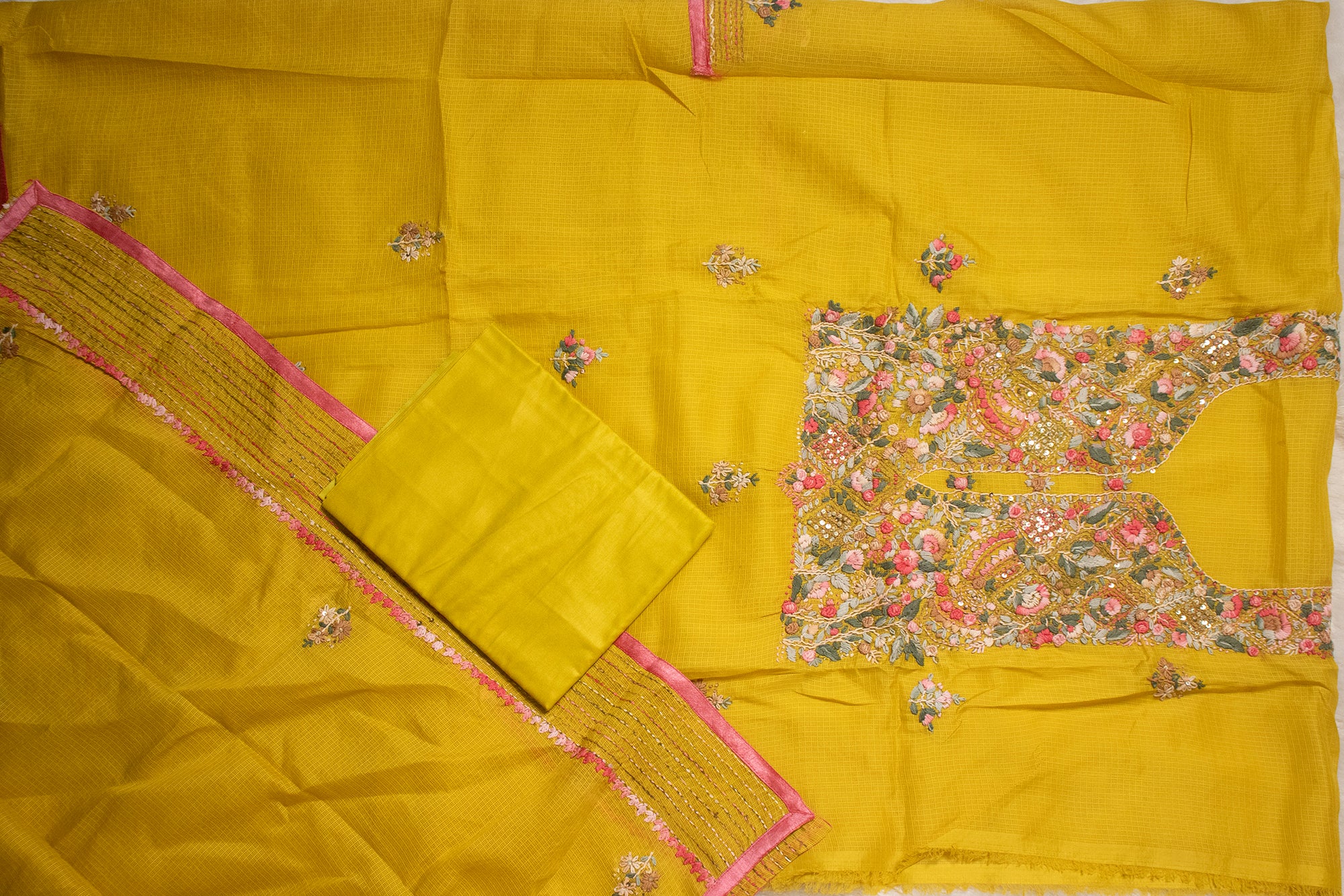 Bright Yellow Threadwork Kurta Set (Unstitched)
