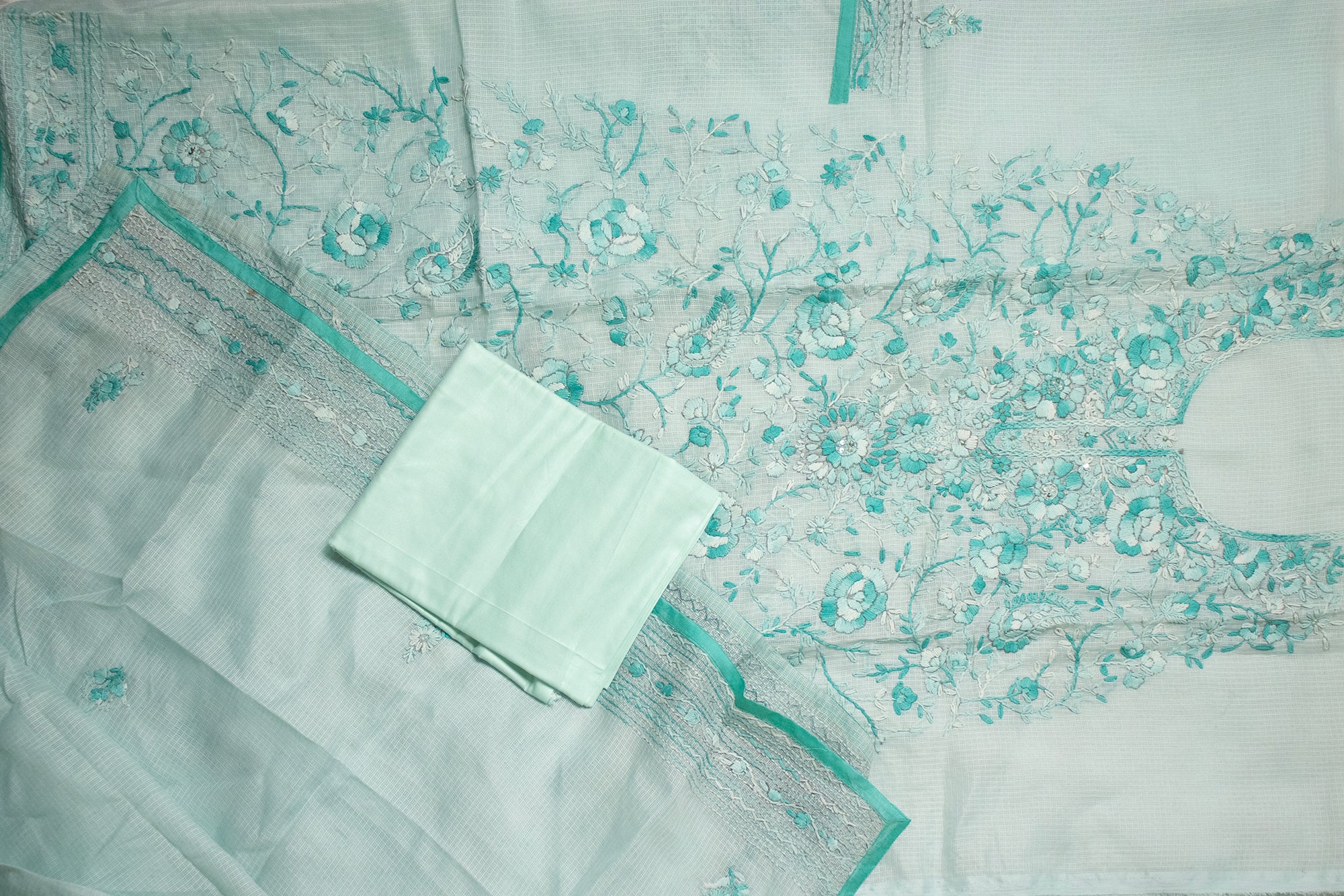 Soft Pastel Blue Floral Panel Kurta Set