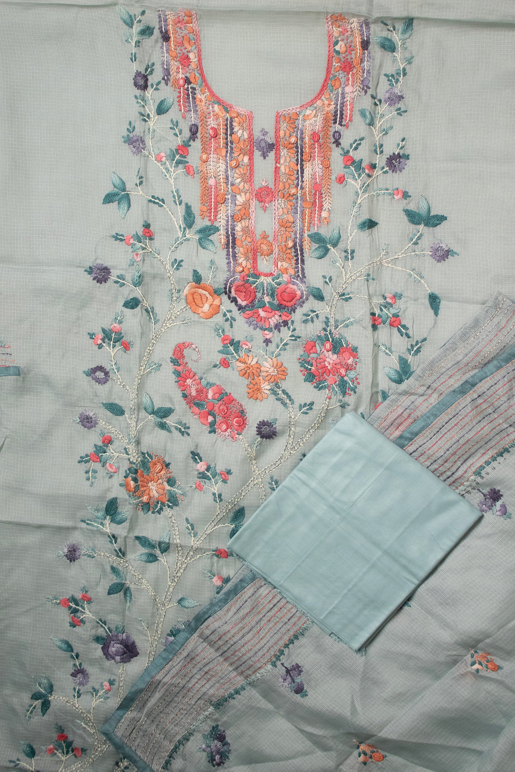 Icy Aqua Paisley Jaal Suit (Unstitched)