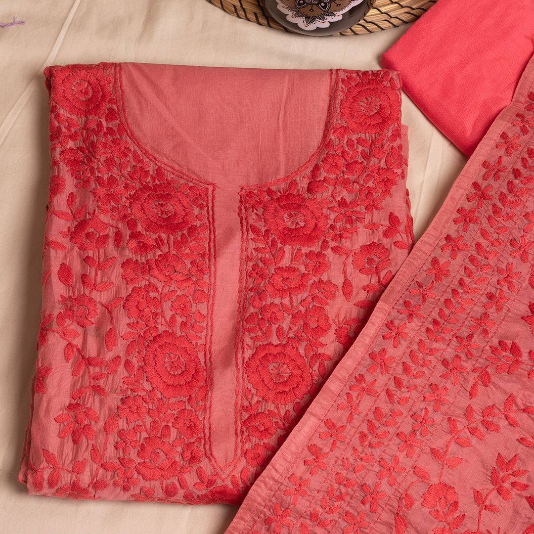 Blush pink self floral chanderi cotton embroidered unstitched suit set