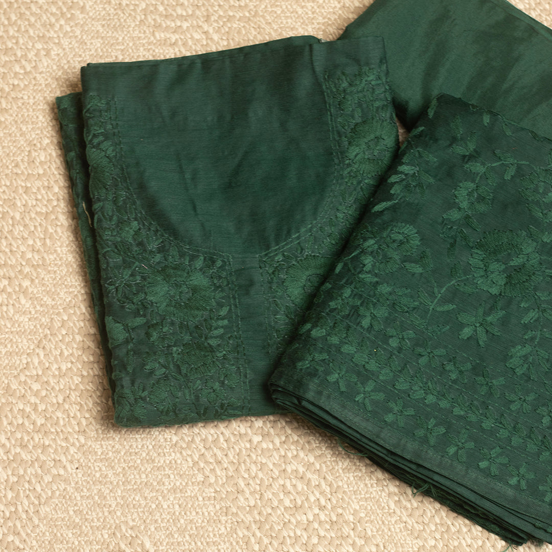 Emerald green self floral chanderi cotton embroidered unstitched suit set