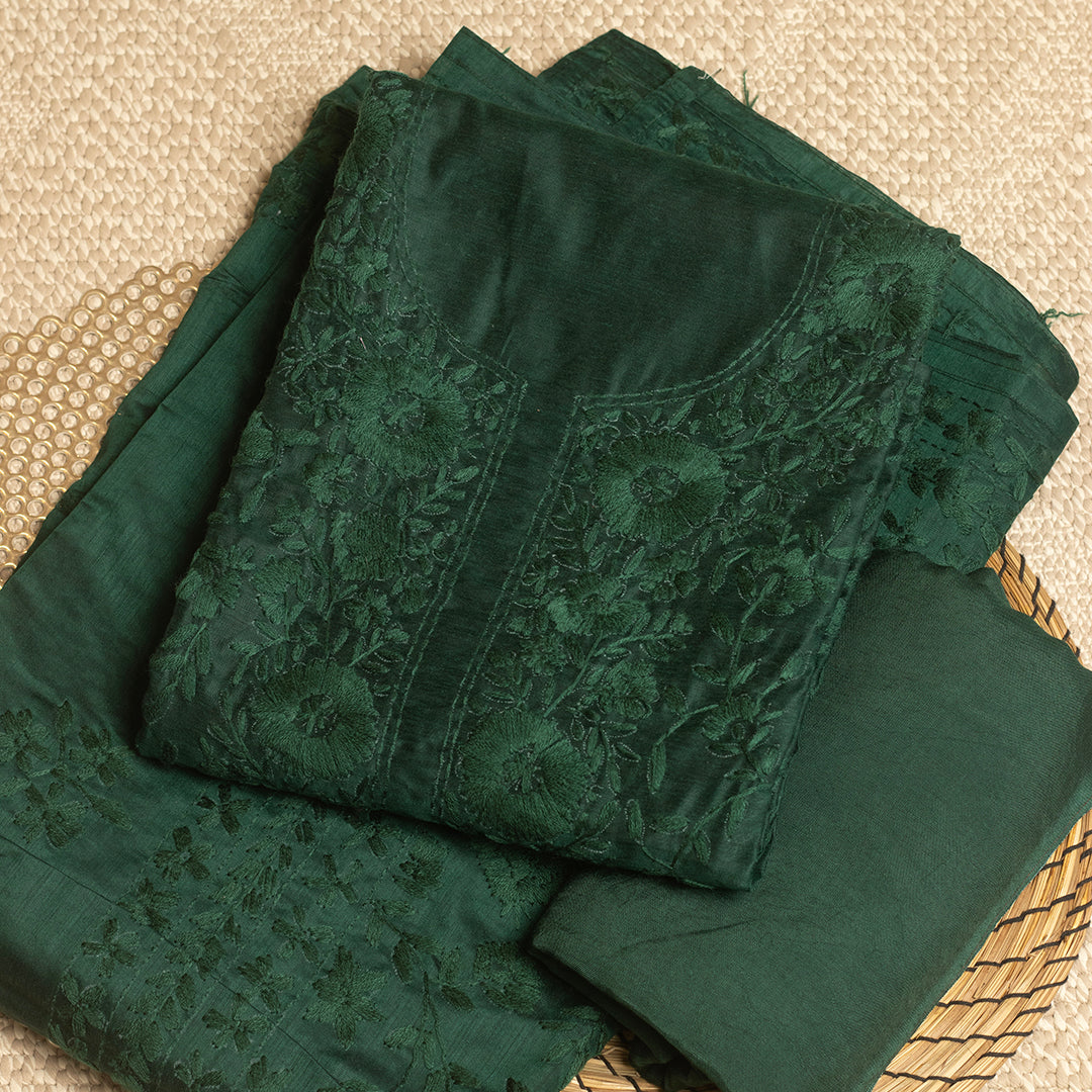 Emerald green self floral chanderi cotton embroidered unstitched suit set