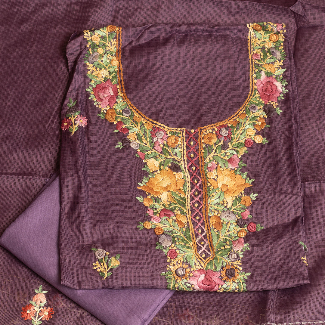 Guluband neckline purple unstitched Embroidered Suit Set