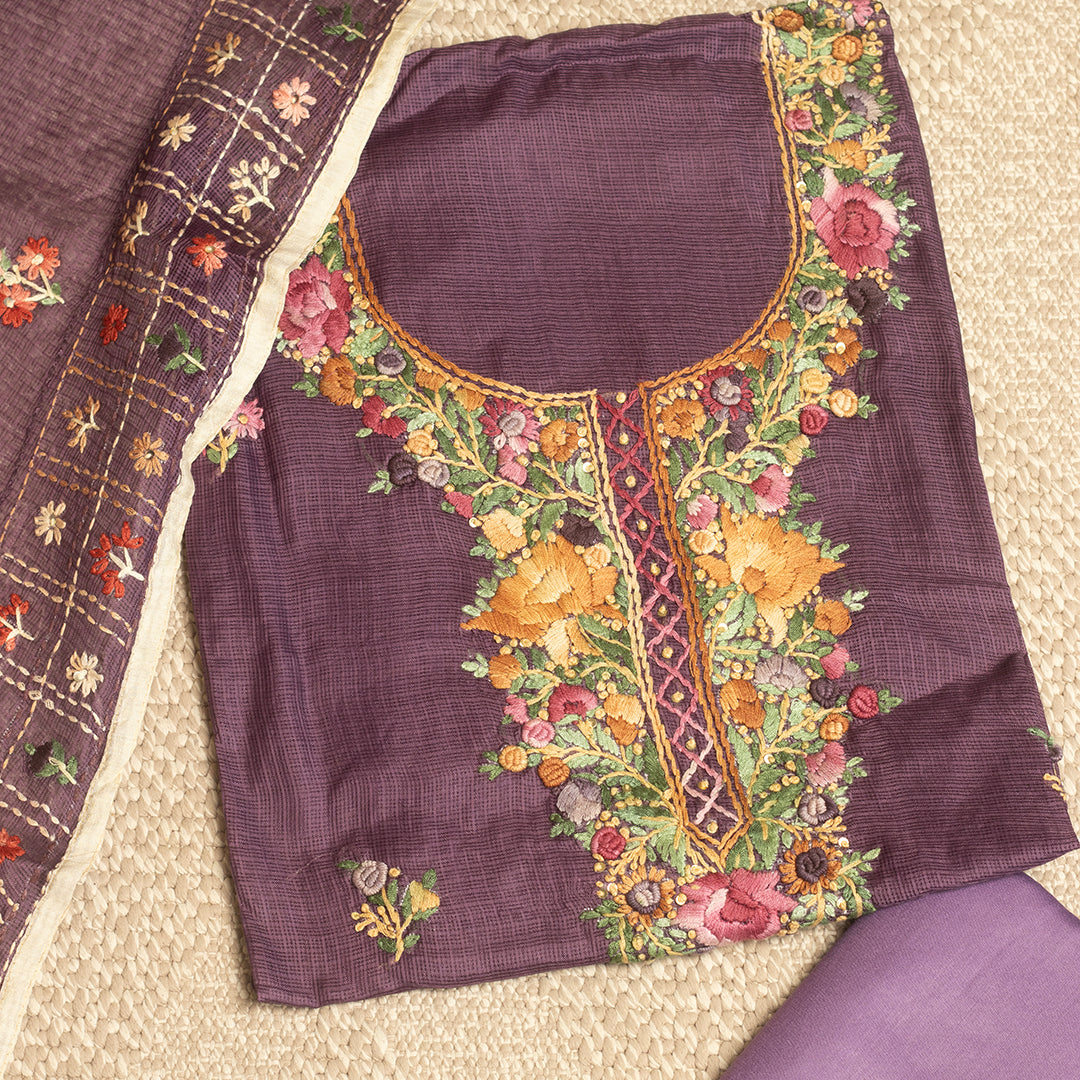 Guluband neckline purple unstitched Embroidered Suit Set