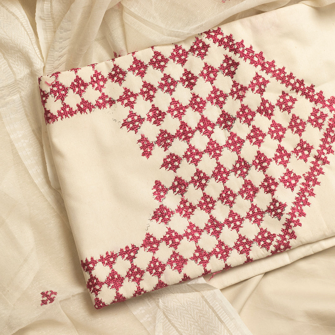 Sindhi Kadhai embroidered cream & Magenta unstitched suit