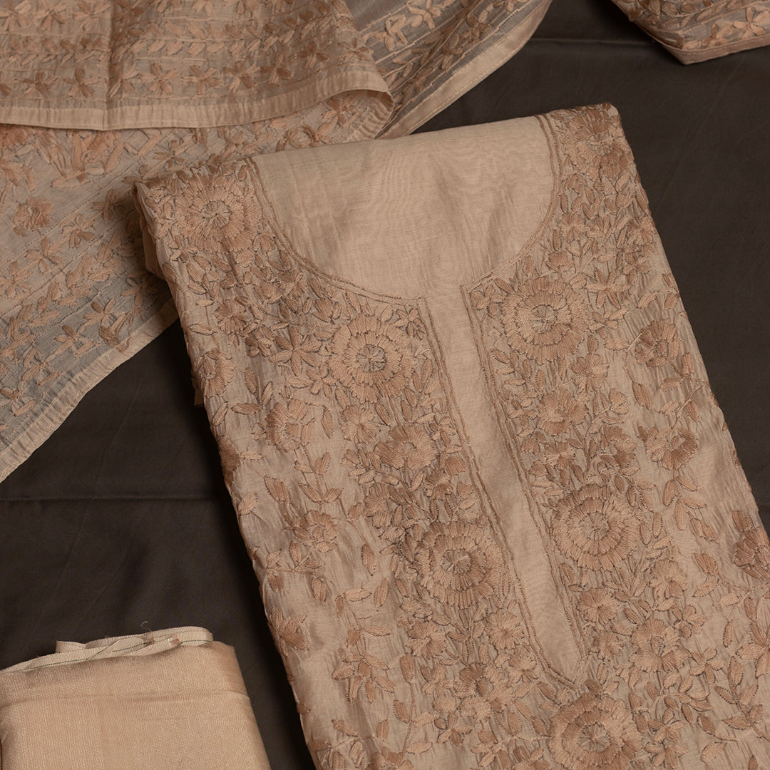 Beige self floral chanderi cotton embroidered unstitched suit set