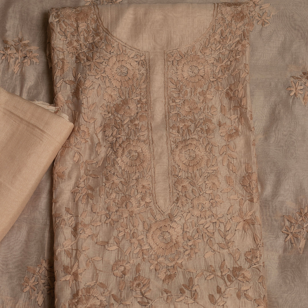 Beige self floral chanderi cotton embroidered unstitched suit set