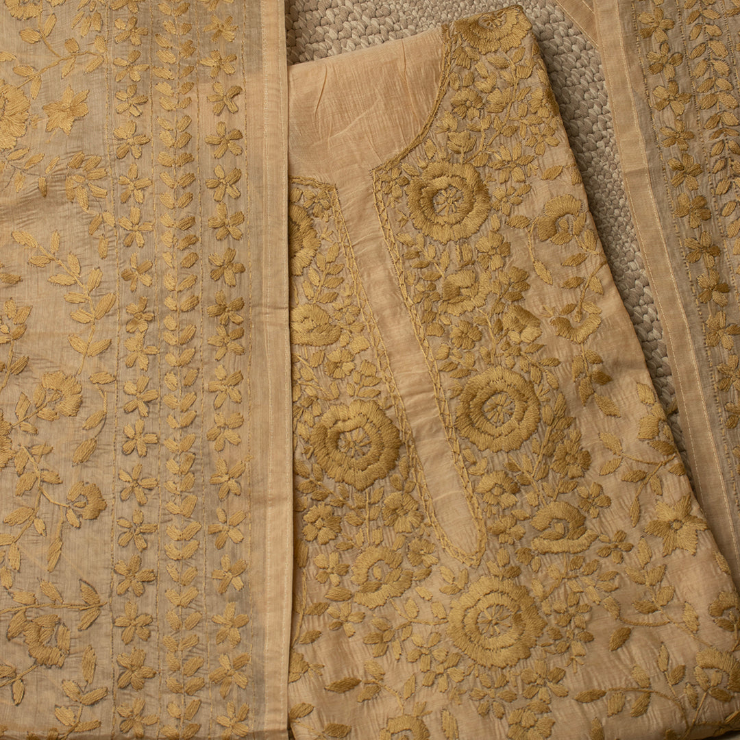 Beige self floral chanderi cotton embroidered unstitched suit set