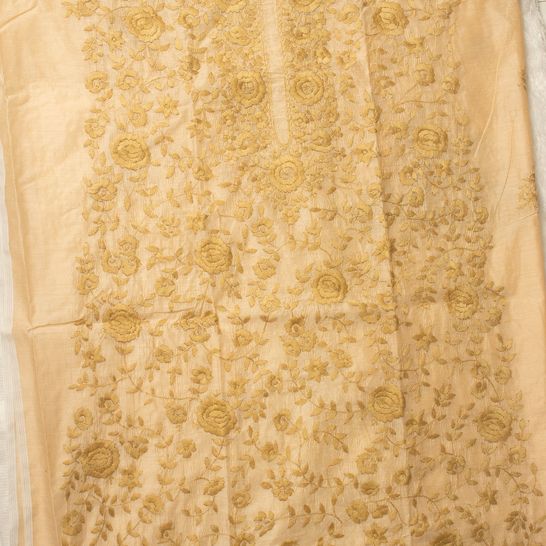 Beige self floral chanderi cotton embroidered unstitched suit set
