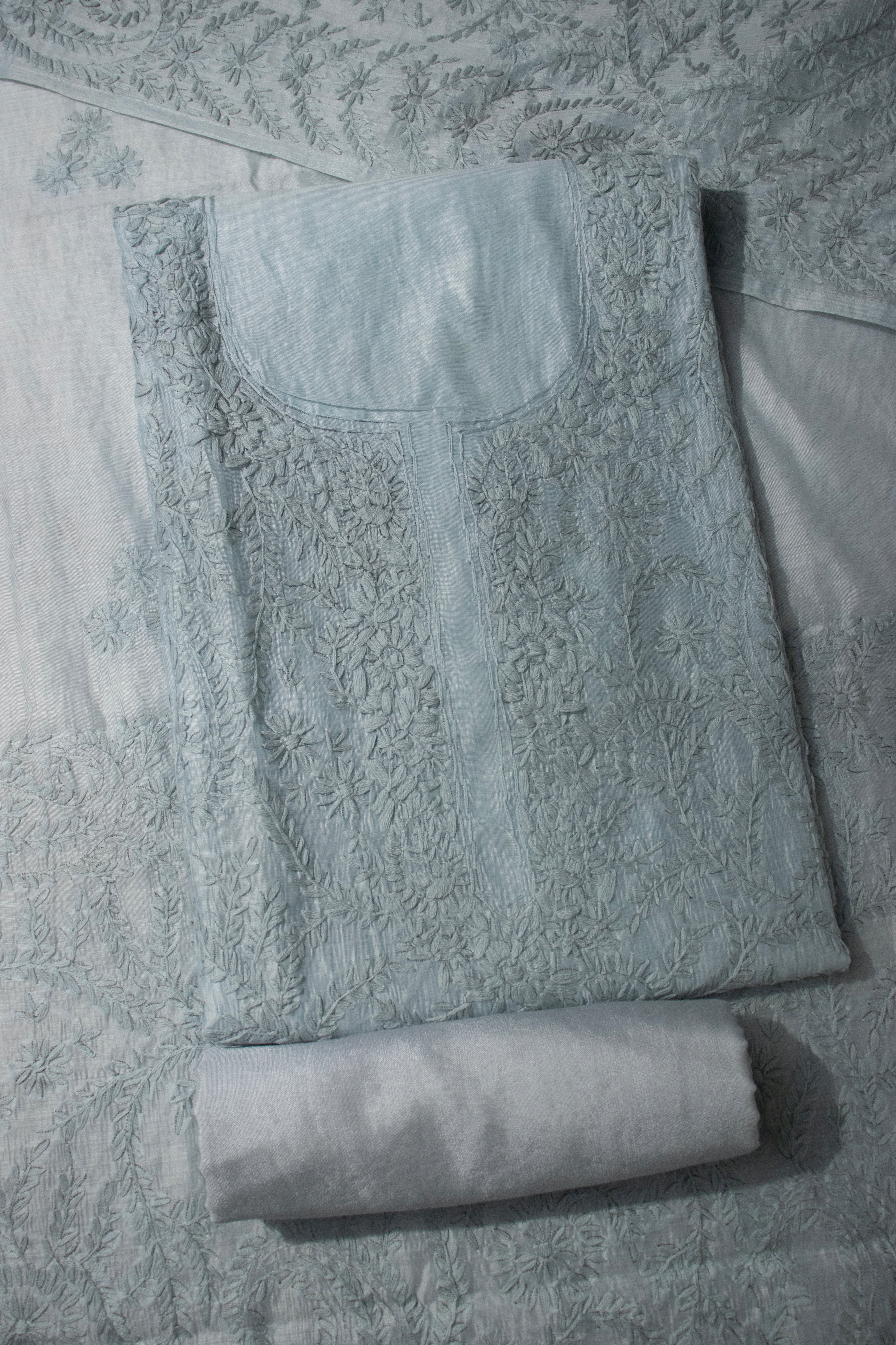 Ivory self floral chanderi cotton embroidered unstitched suit set