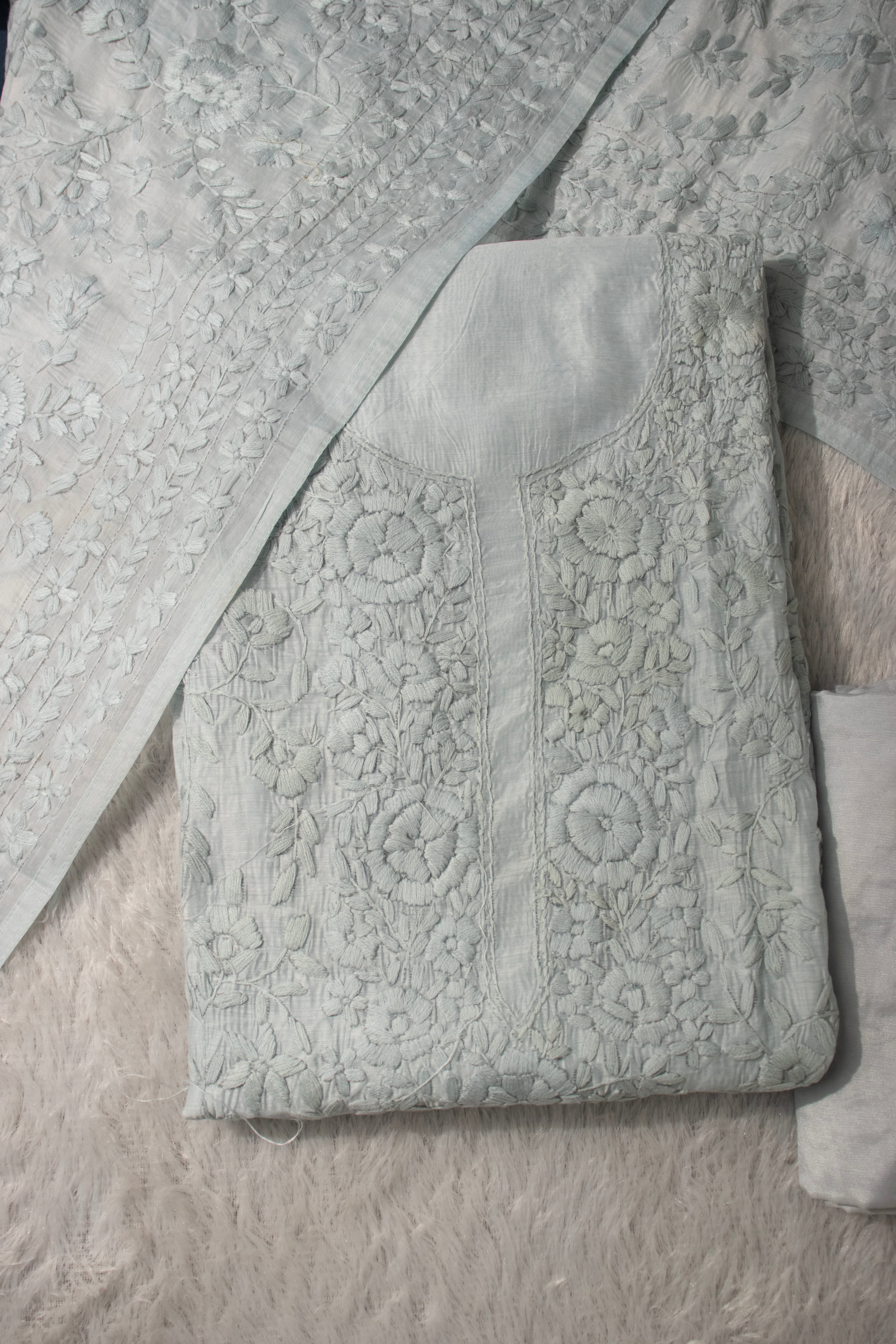 Ivory self floral chanderi cotton embroidered unstitched suit set