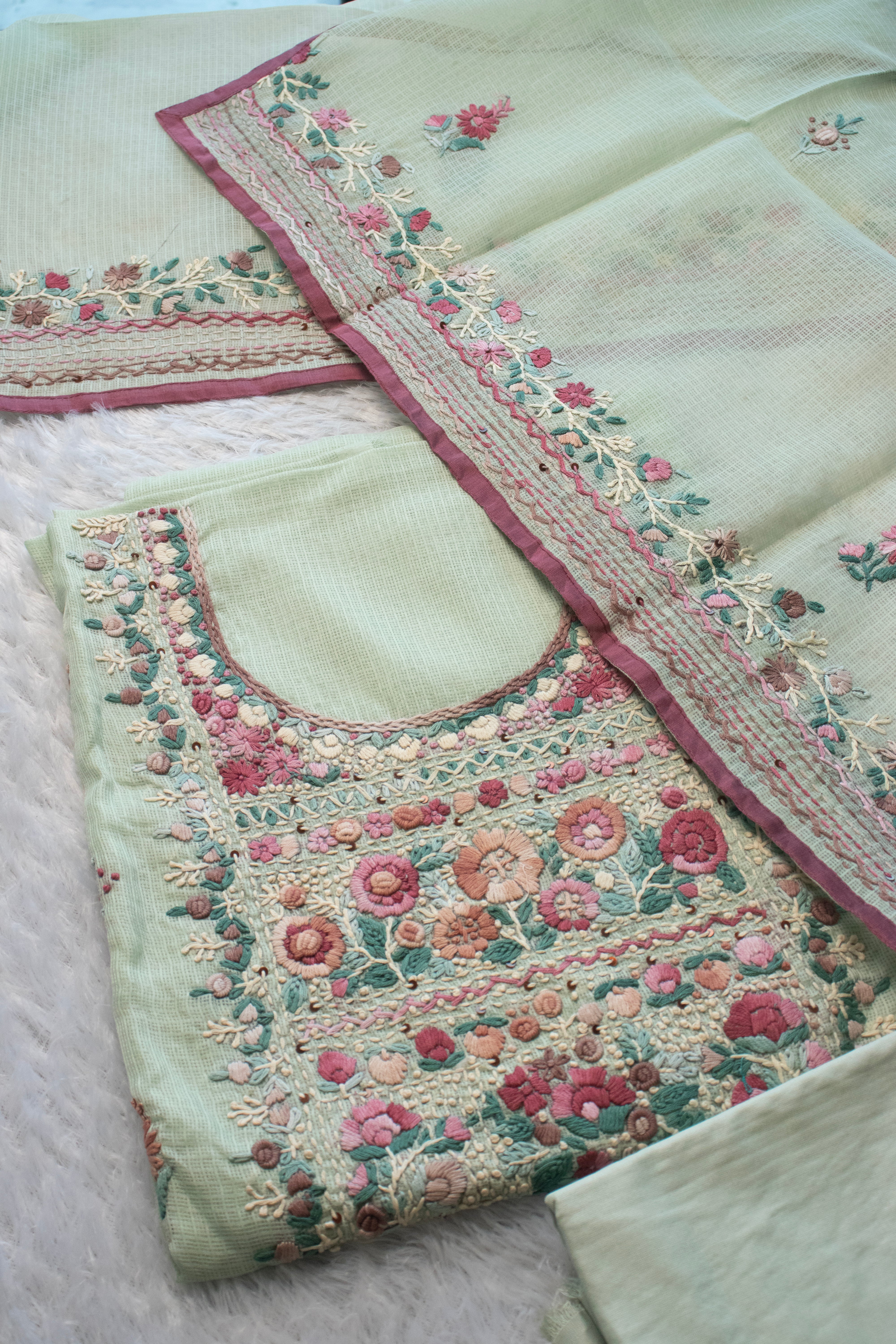 Sage Gardenia Aari Embroidered Suit Set (Unstitched)