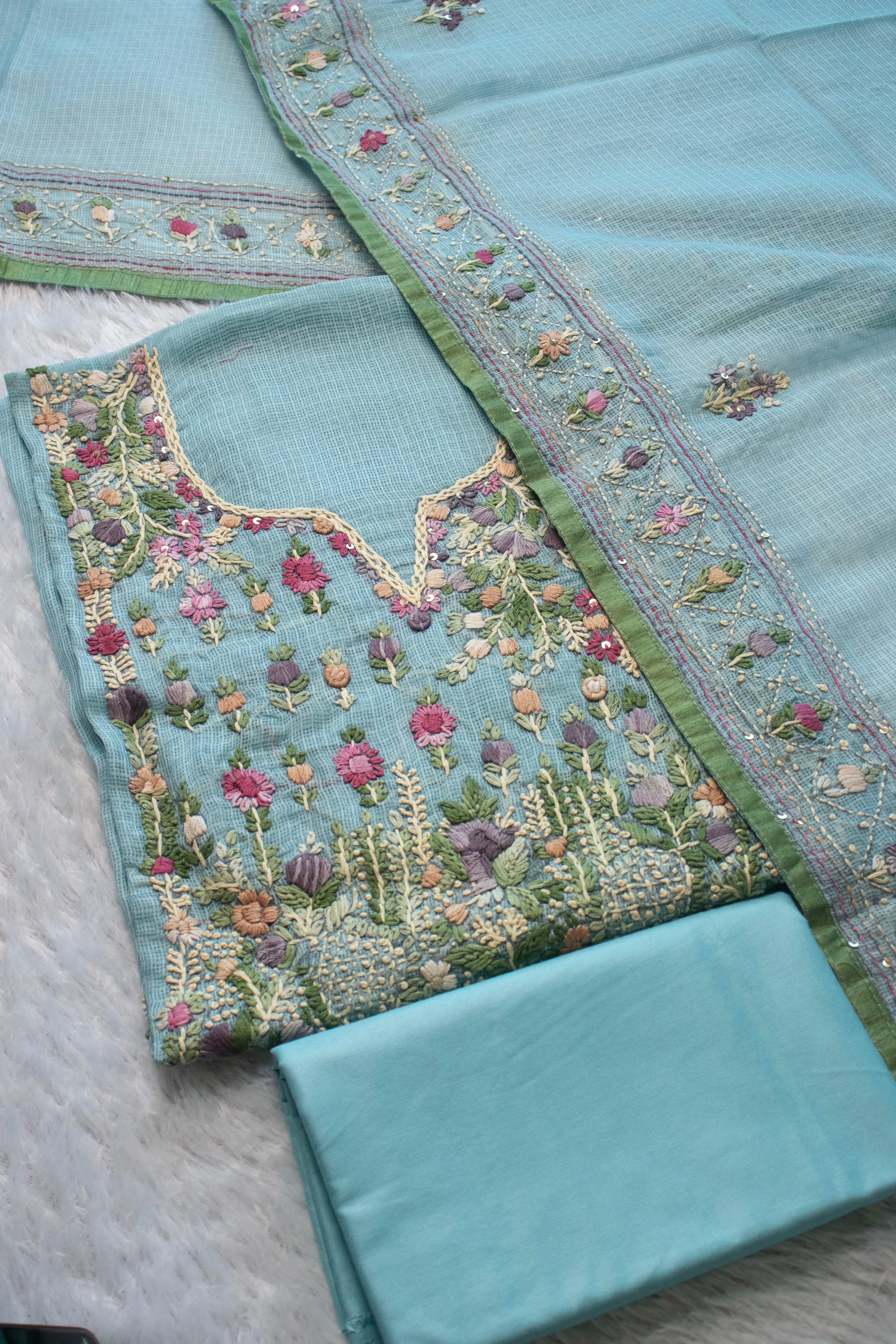 Cerulean Blossom Aari Embroidered Suit (Unstitched)