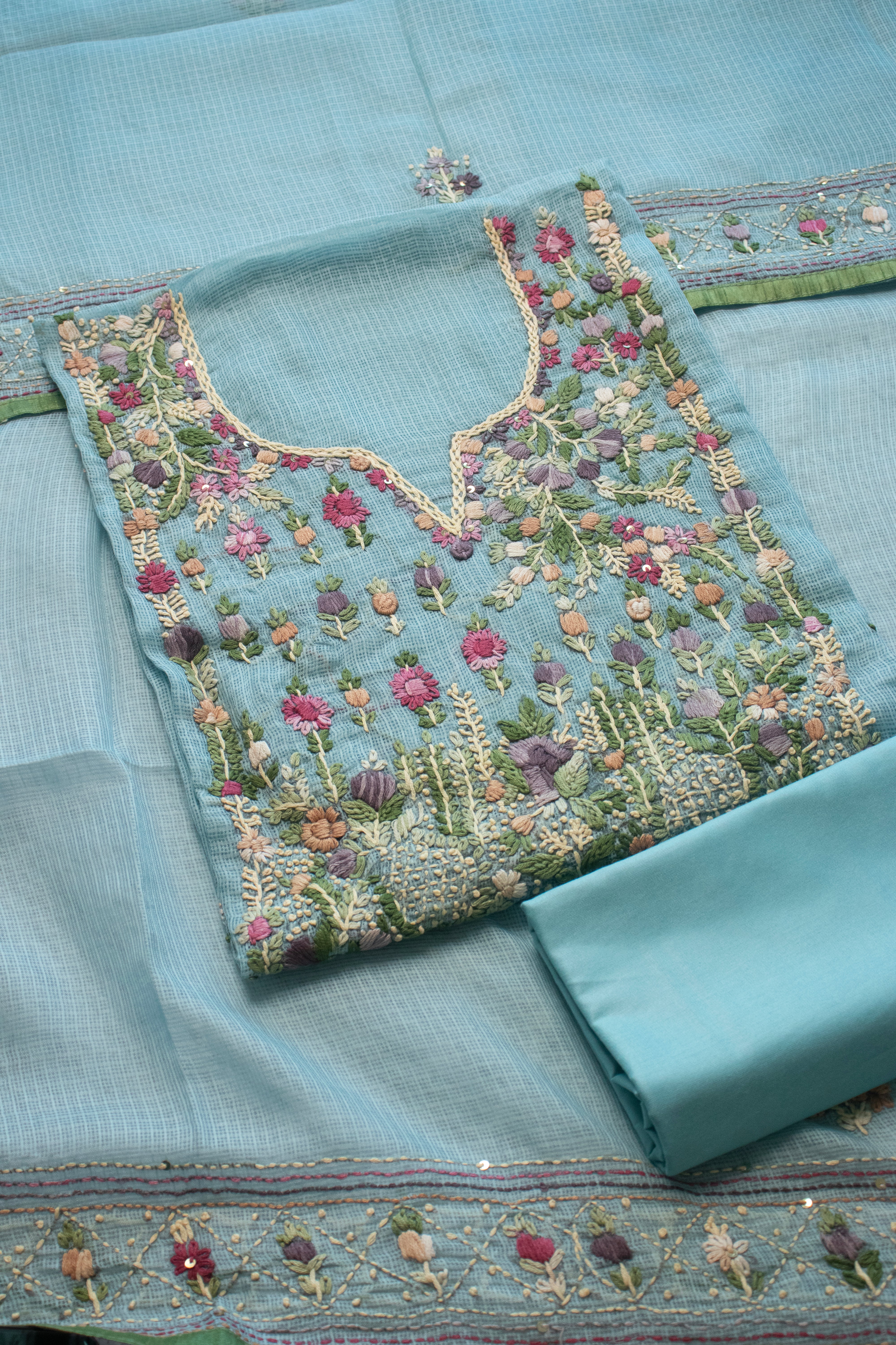 Cerulean Blossom Aari Embroidered Suit (Unstitched)