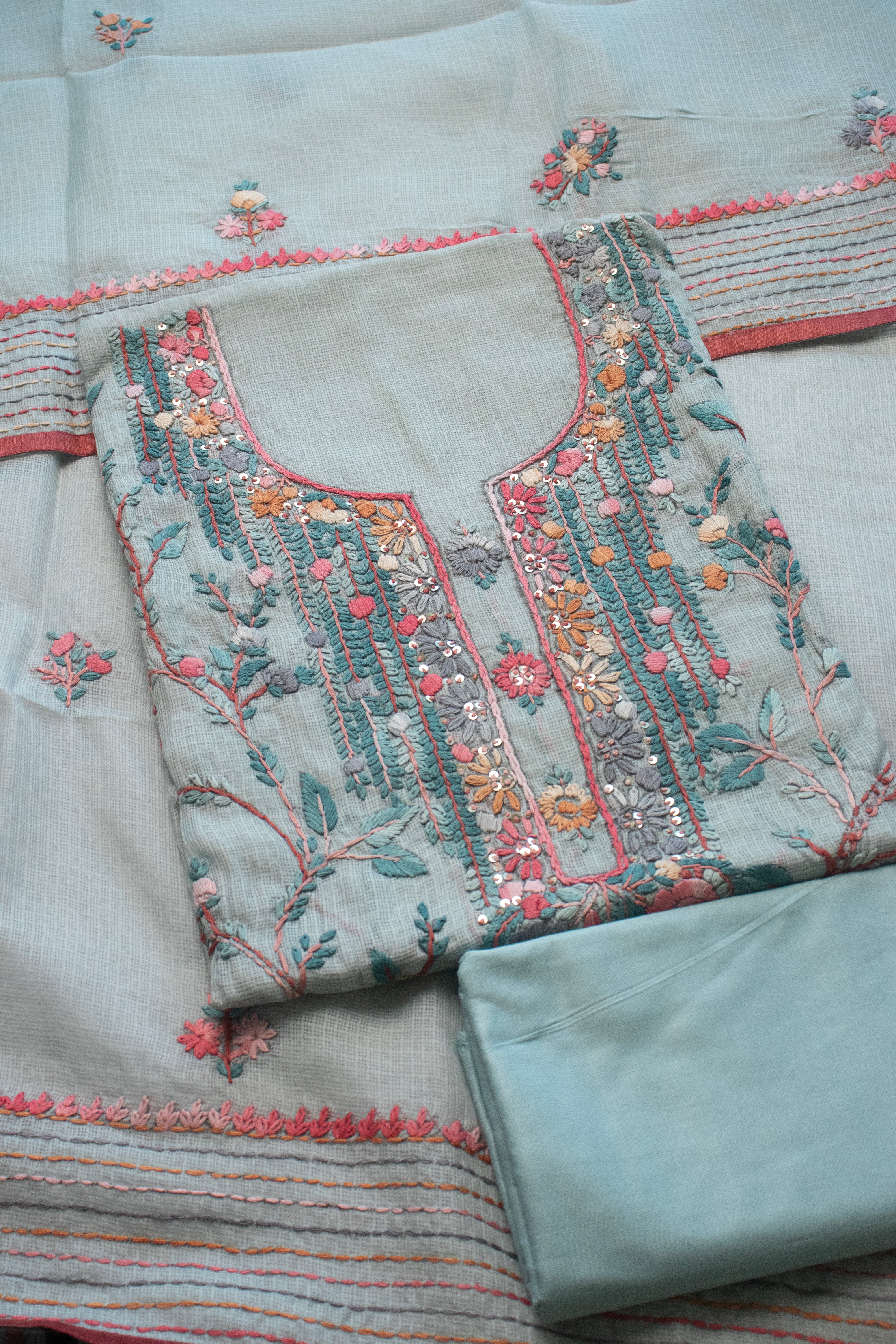 Seafoam Serenity Aari Embroidered Suit (Unstitched)