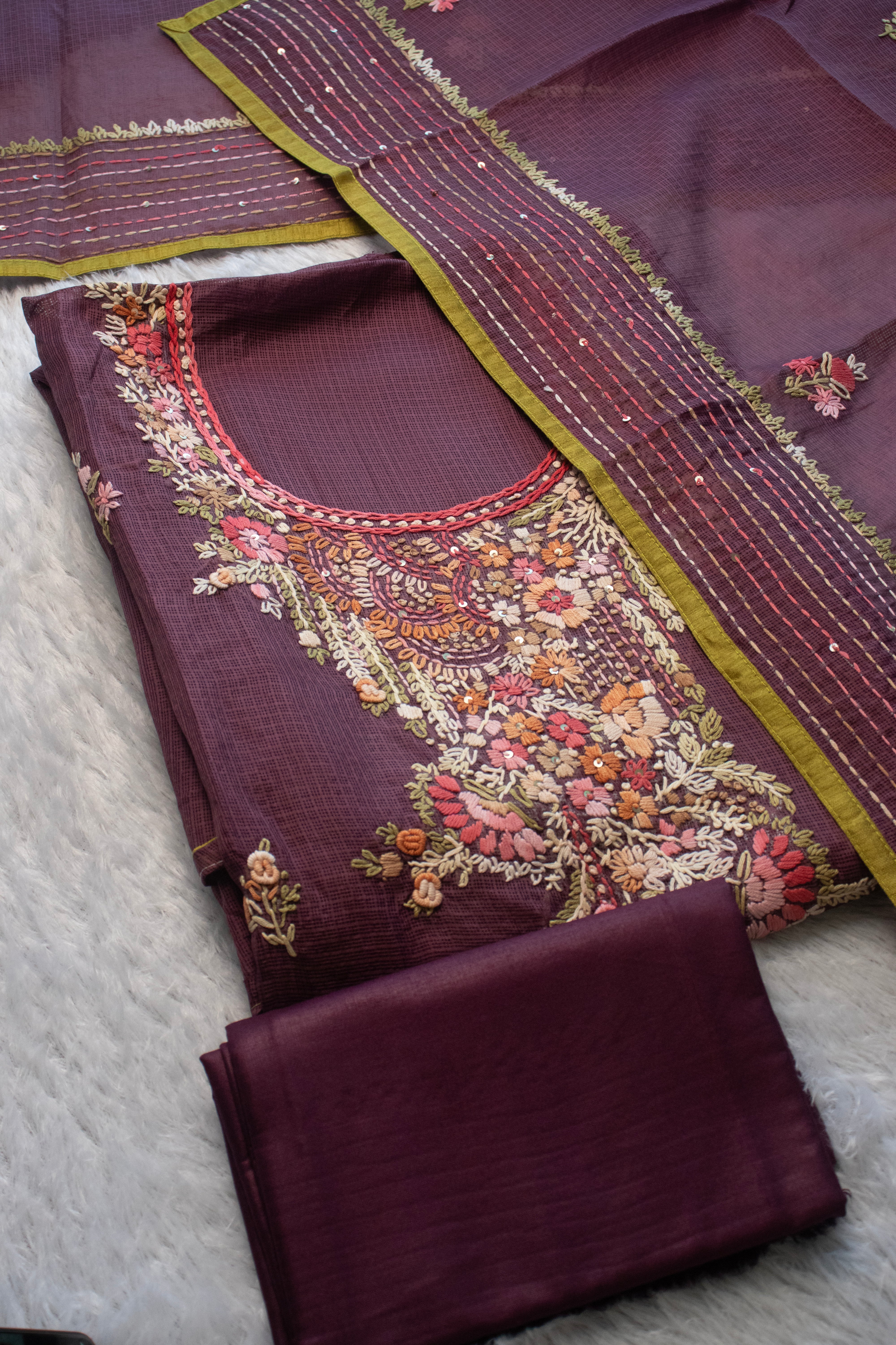 Wine Heirloom Aari Embroidered Suit (Unstitched)