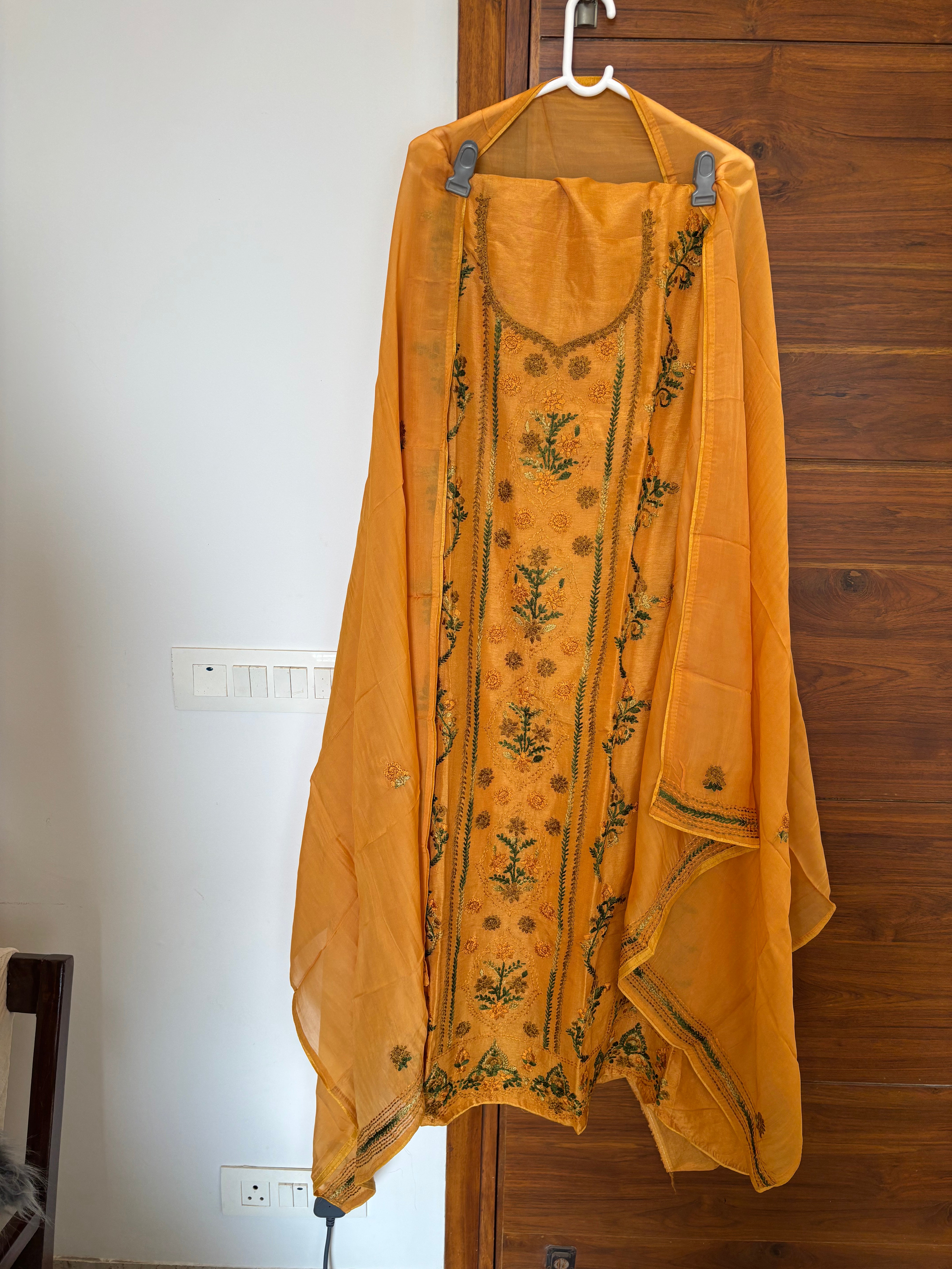 Muslin noor embroidered orange unstitched suit