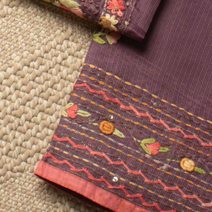 The 'Jamuni' Aubergine Meadow unstitched Suit