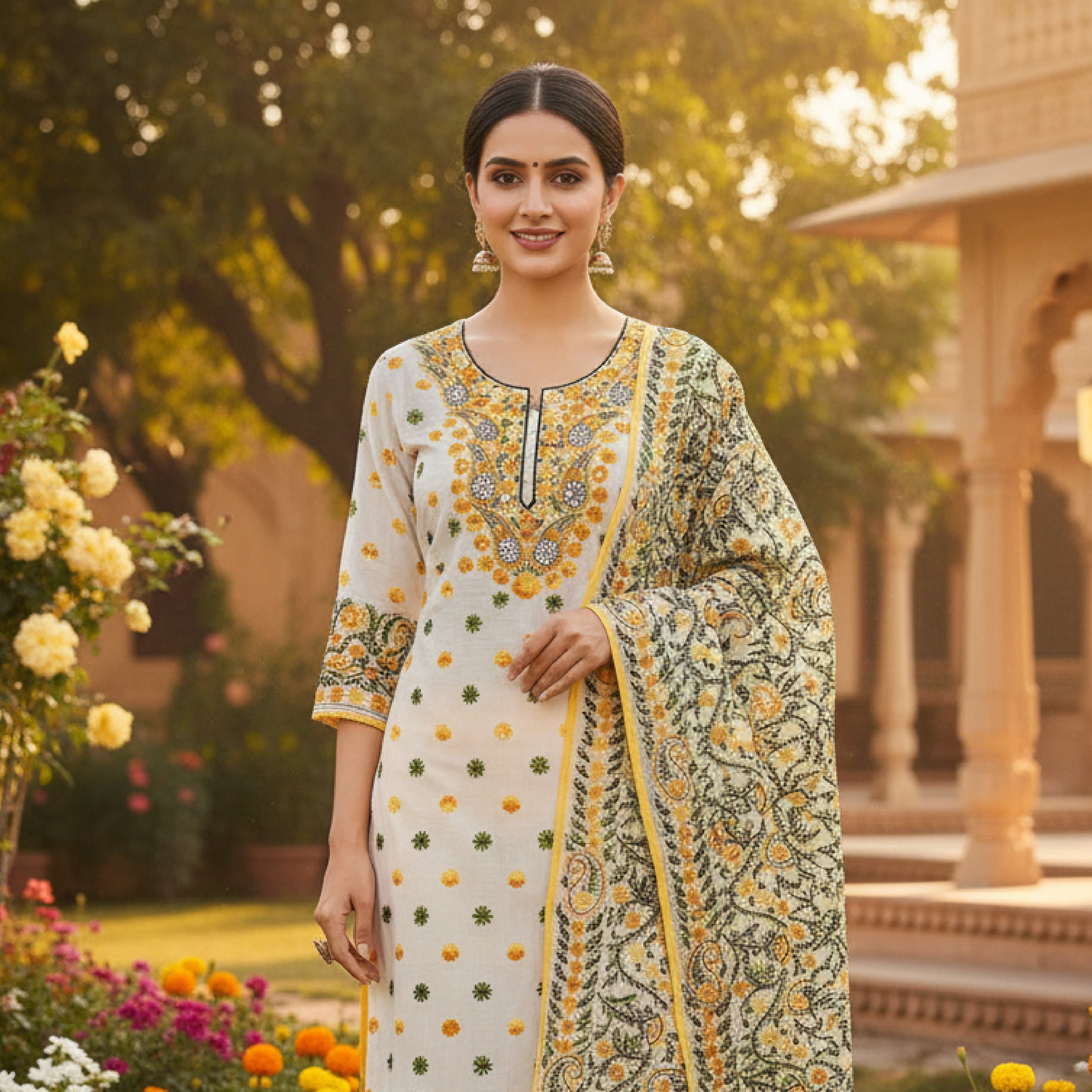 Chanderi golden phool off white unstitched suit
