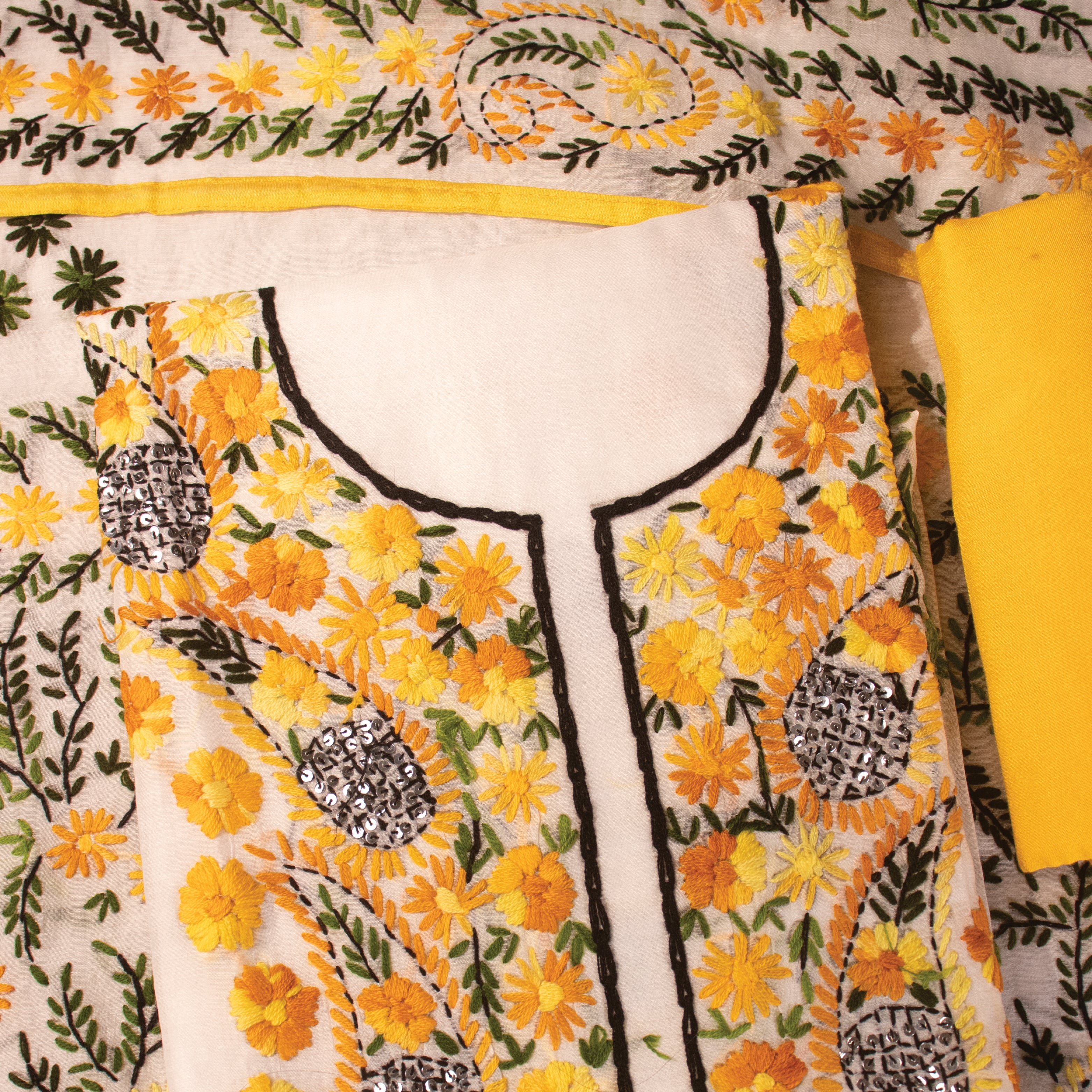 Chanderi golden phool off white unstitched suit