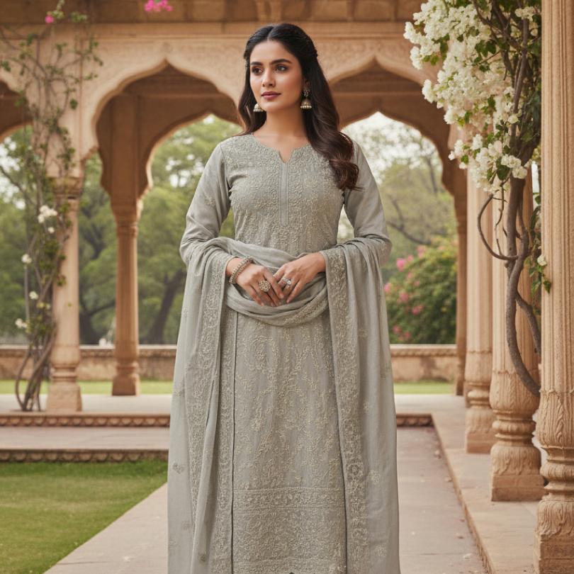 Thread Tales Rangrez White Chikankari Bloom unstitched suit