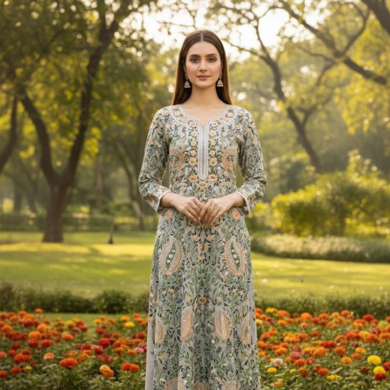 Thread Tales Vistaar Silver Vine unstitchedd suit
