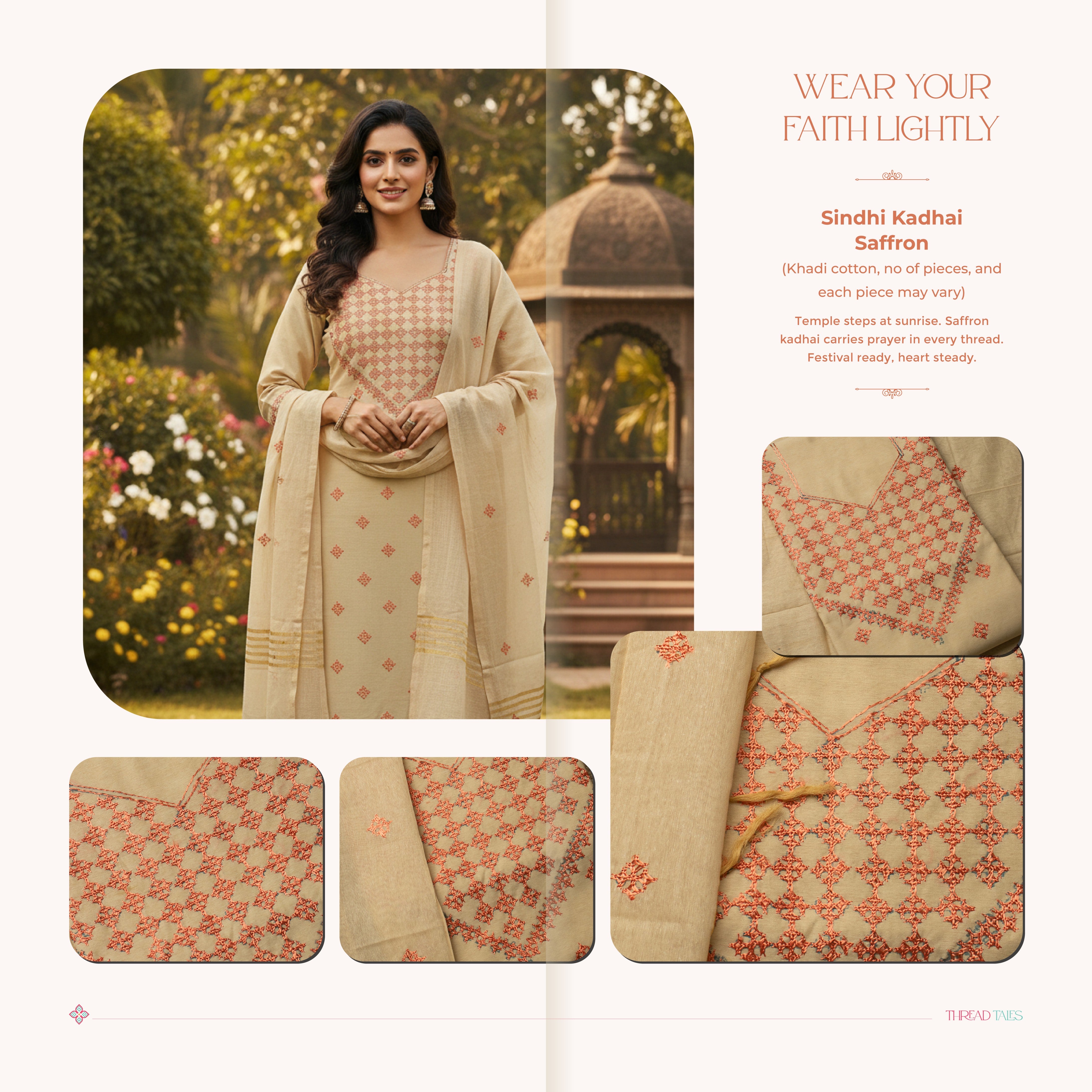 Sindhi Kadhai embroidered cream and orange unstitched suit