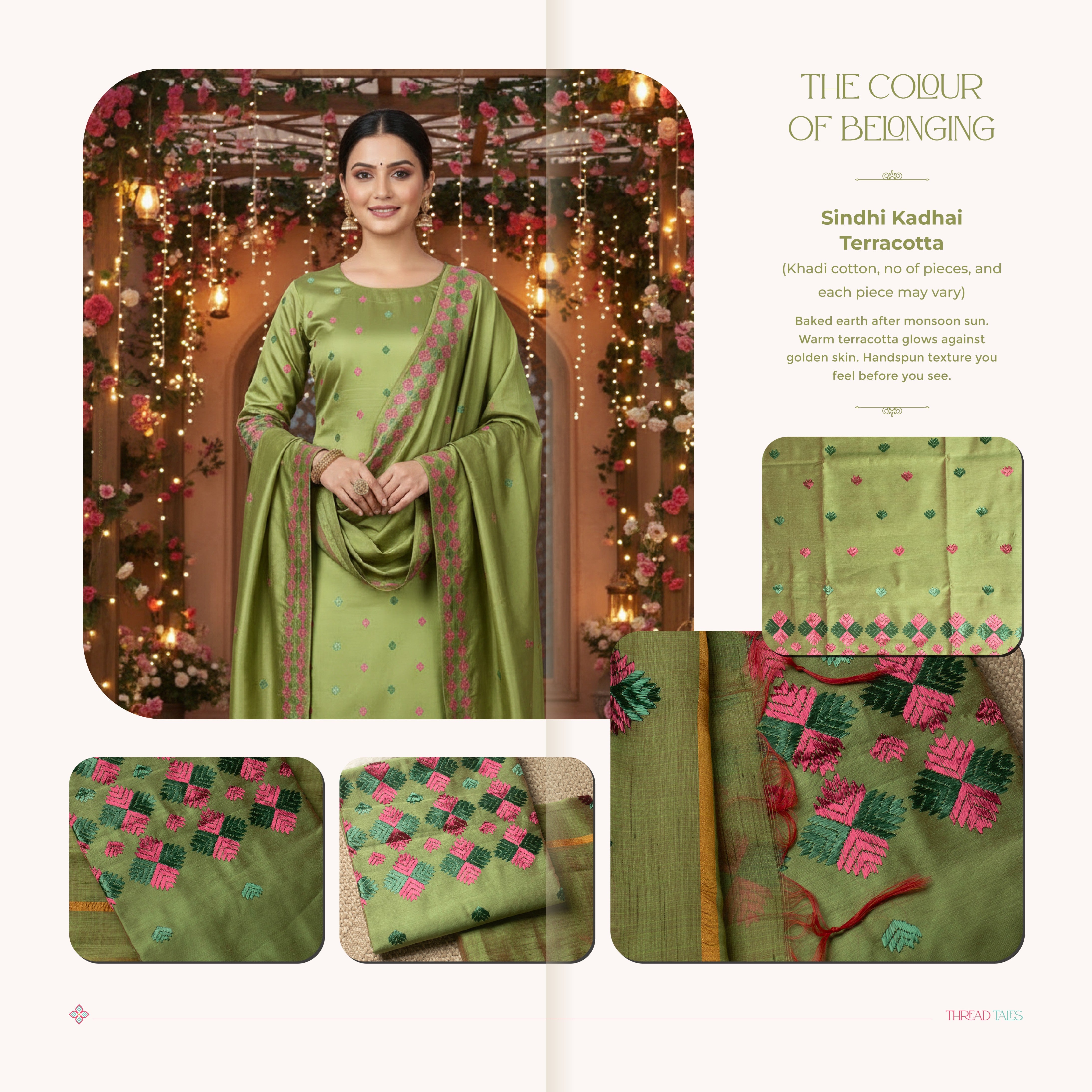 Sindhi Kadhai embroidered green unstitched suit