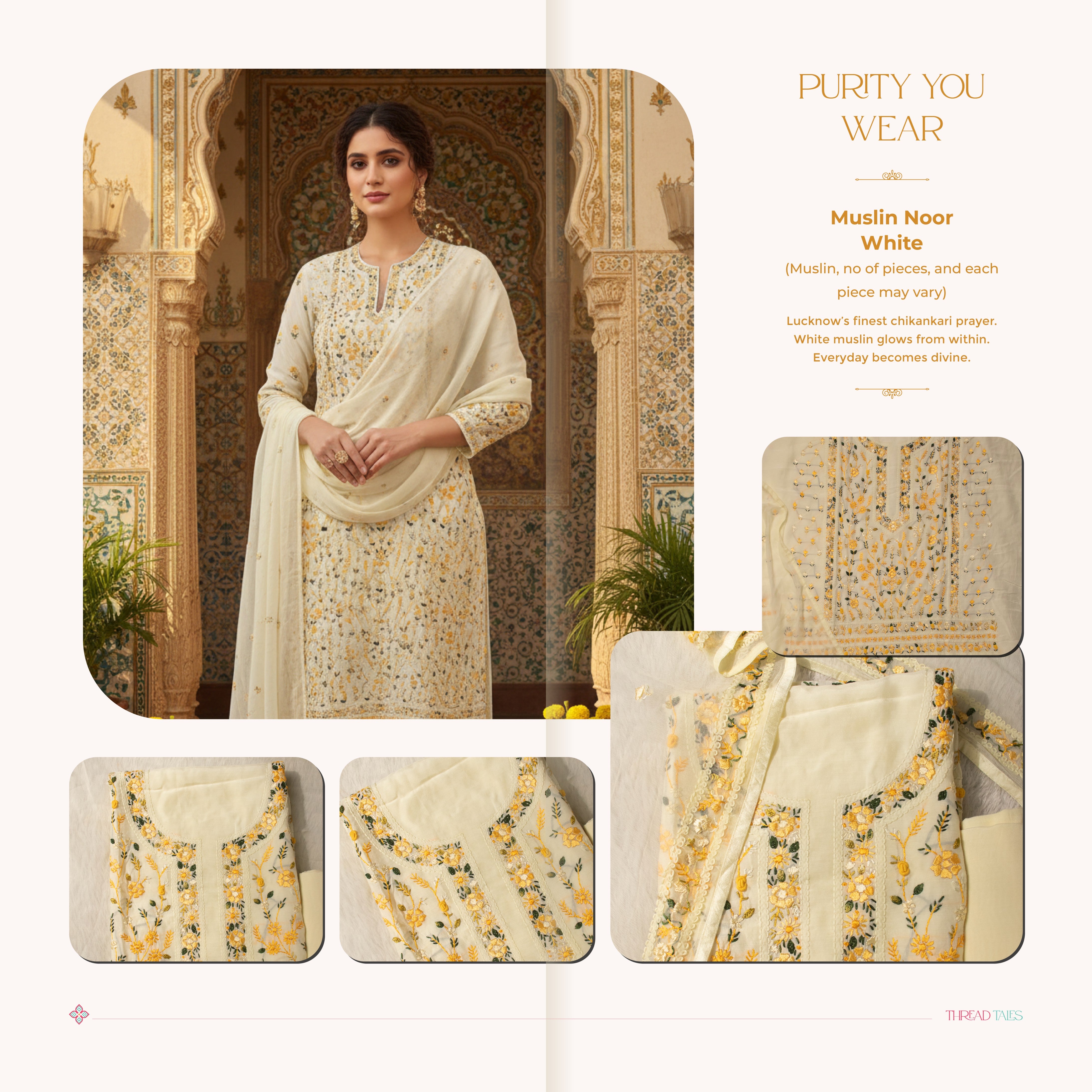 Muslin noor embroidered white and yellow unstitched suit