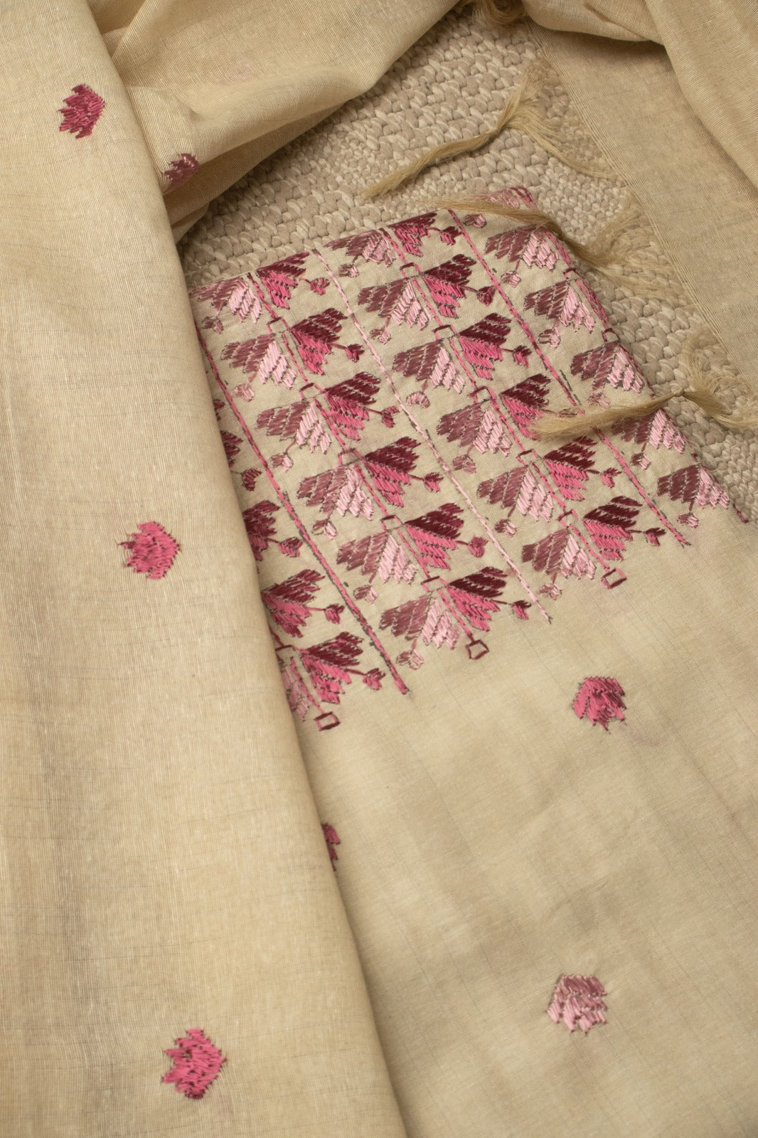 Sindhi Kadhai embroidered white and pink unstitched suit