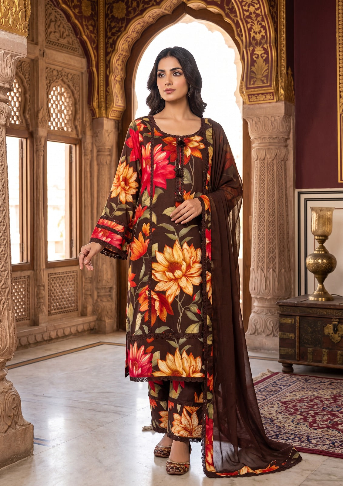 Chocolate Brown Floral Printed Silk Suit Set