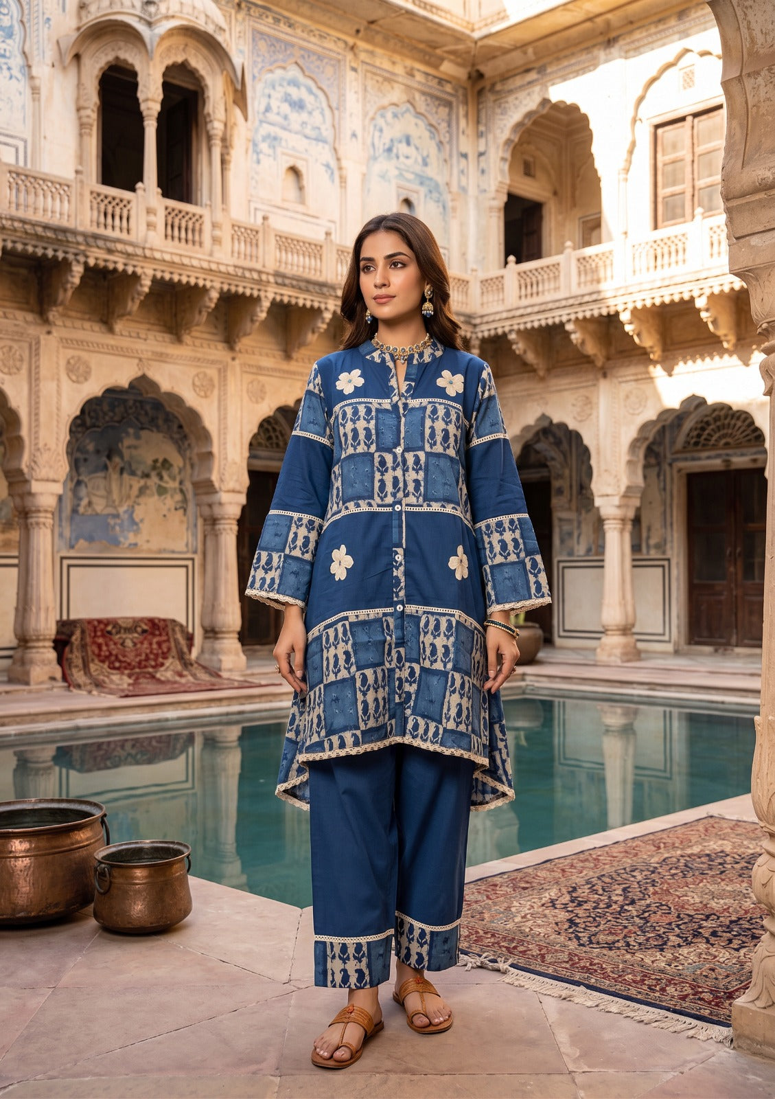 Indigo Blue Block-Printed High-Low Suit Set