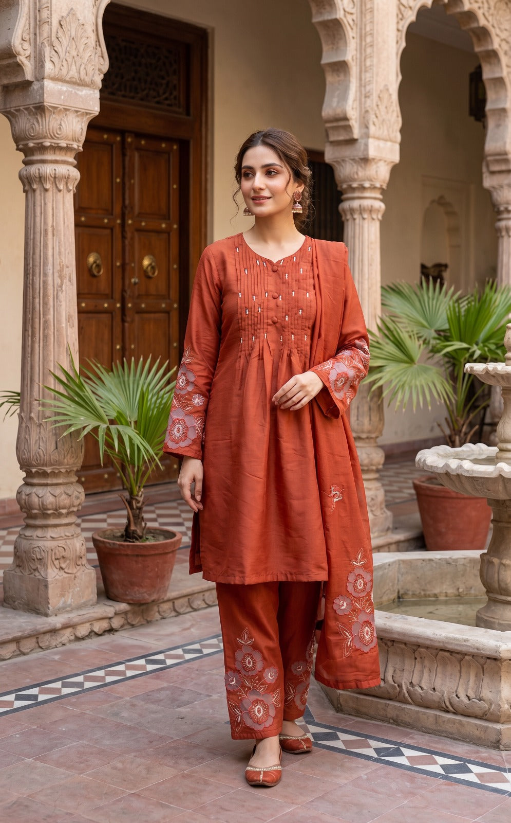 Rust Terracotta Embroidered Pintuck Suit Set