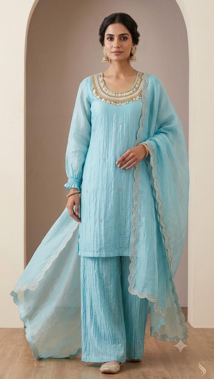 Sky Blue Crush Embroidered Kurta Set