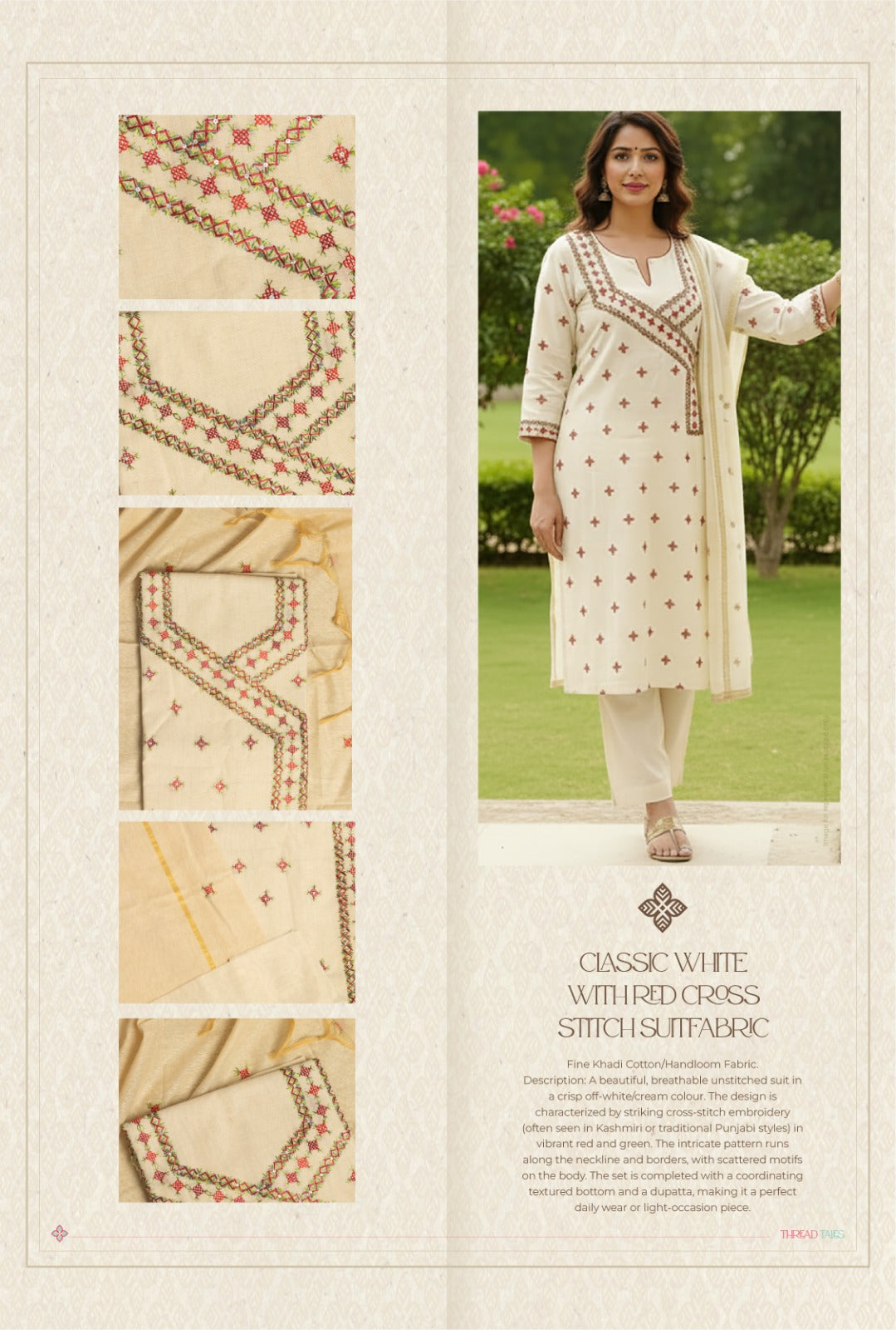 Sindhi Kadhai embroidered White with Red unstitched suit