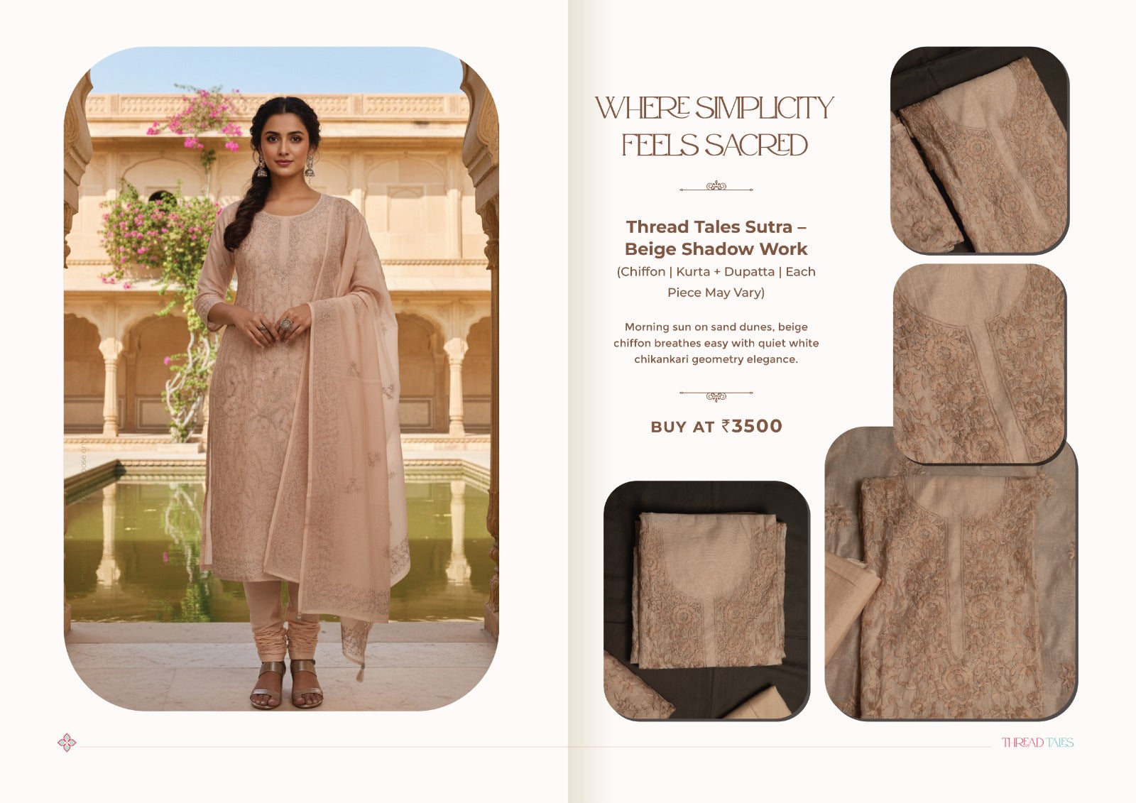 Beige self floral chanderi cotton embroidered unstitched suit set