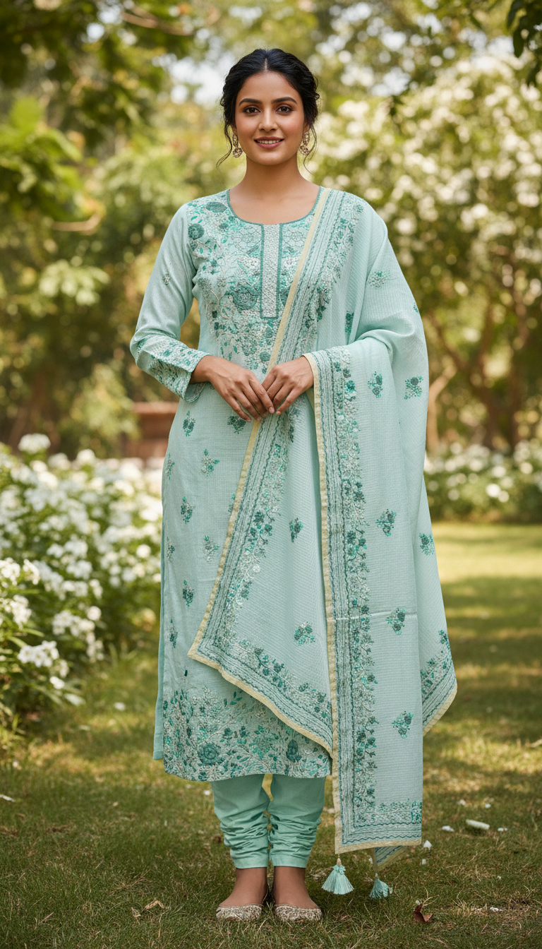 Mint Muslin Aari Embroidered Suit