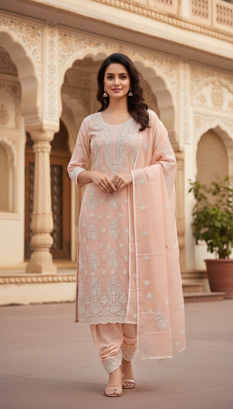 Nude Beige Soft Jaal Kurta Set