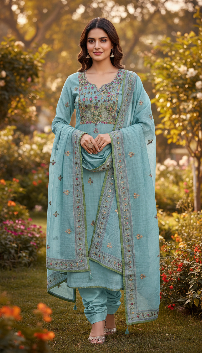 Cerulean Blossom Aari Embroidered Suit (Unstitched)