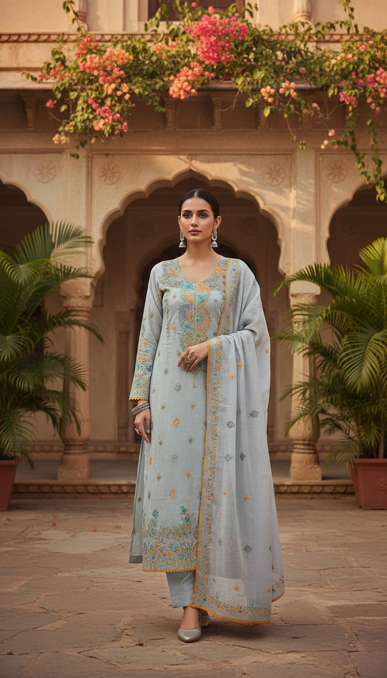 Powder Blue Floral Panel Kurta Set